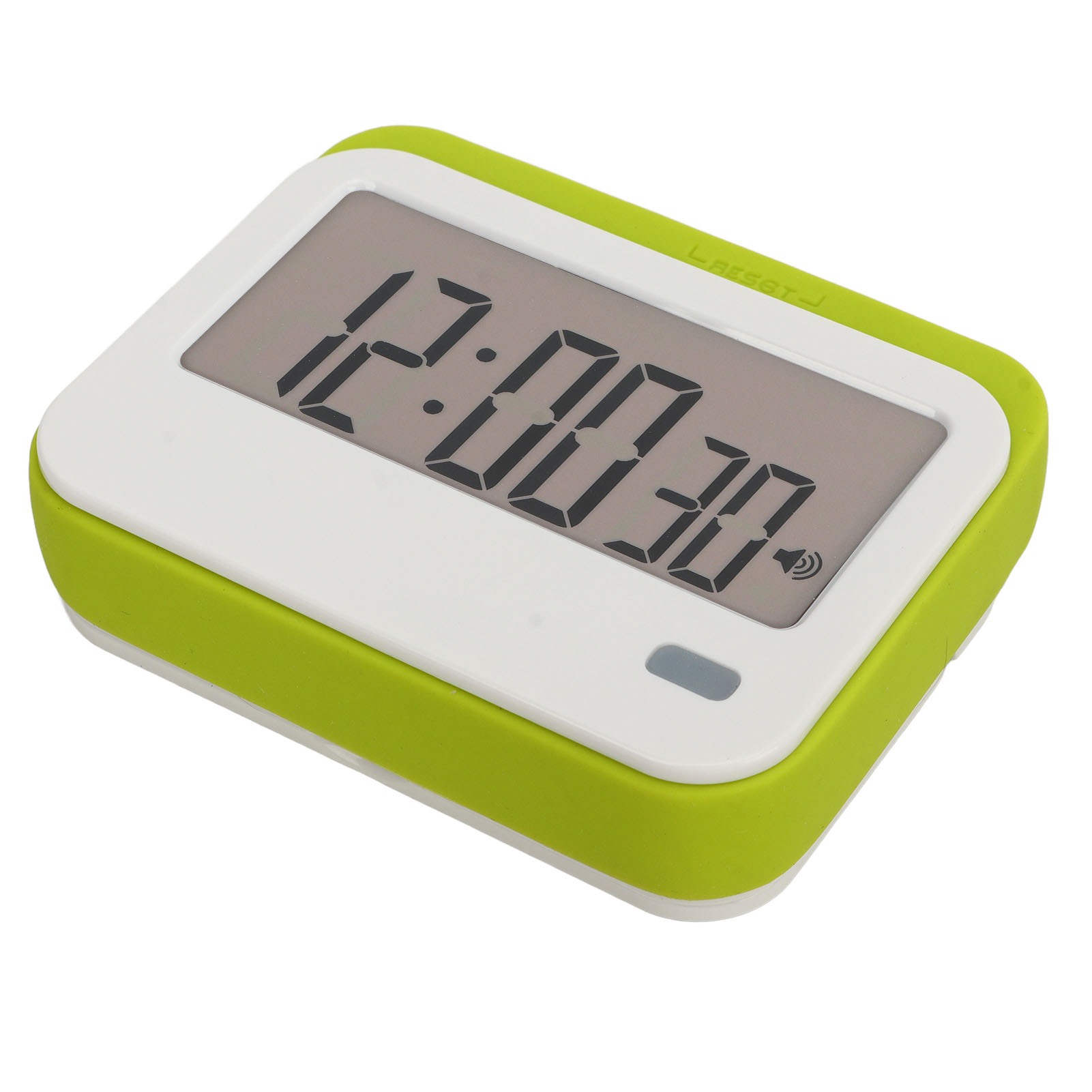 Ein digitaler Timer mit weißem Gehäuse und grüner Umrandung zeigt 12:00:30 an.