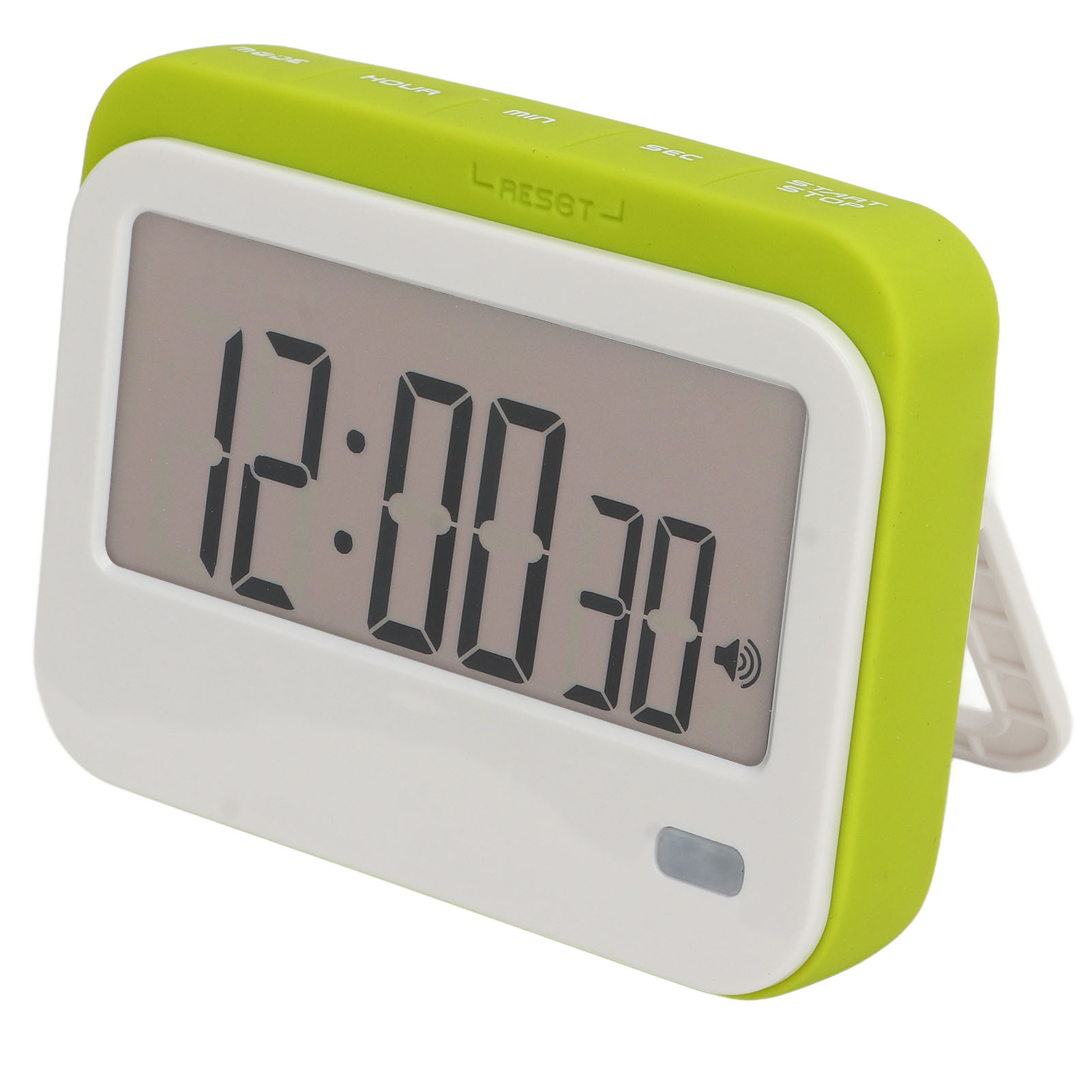 Ein grün-weißer Digitaltimer zeigt 12:00:30 mit einem Lautsprechersymbol an.