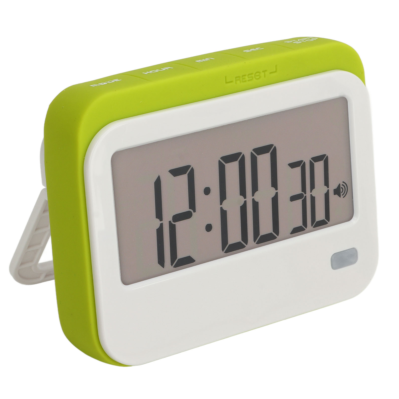 Ein digitaler Timer mit einem hellgrünen Gehäuse und einem weißen Rahmen.