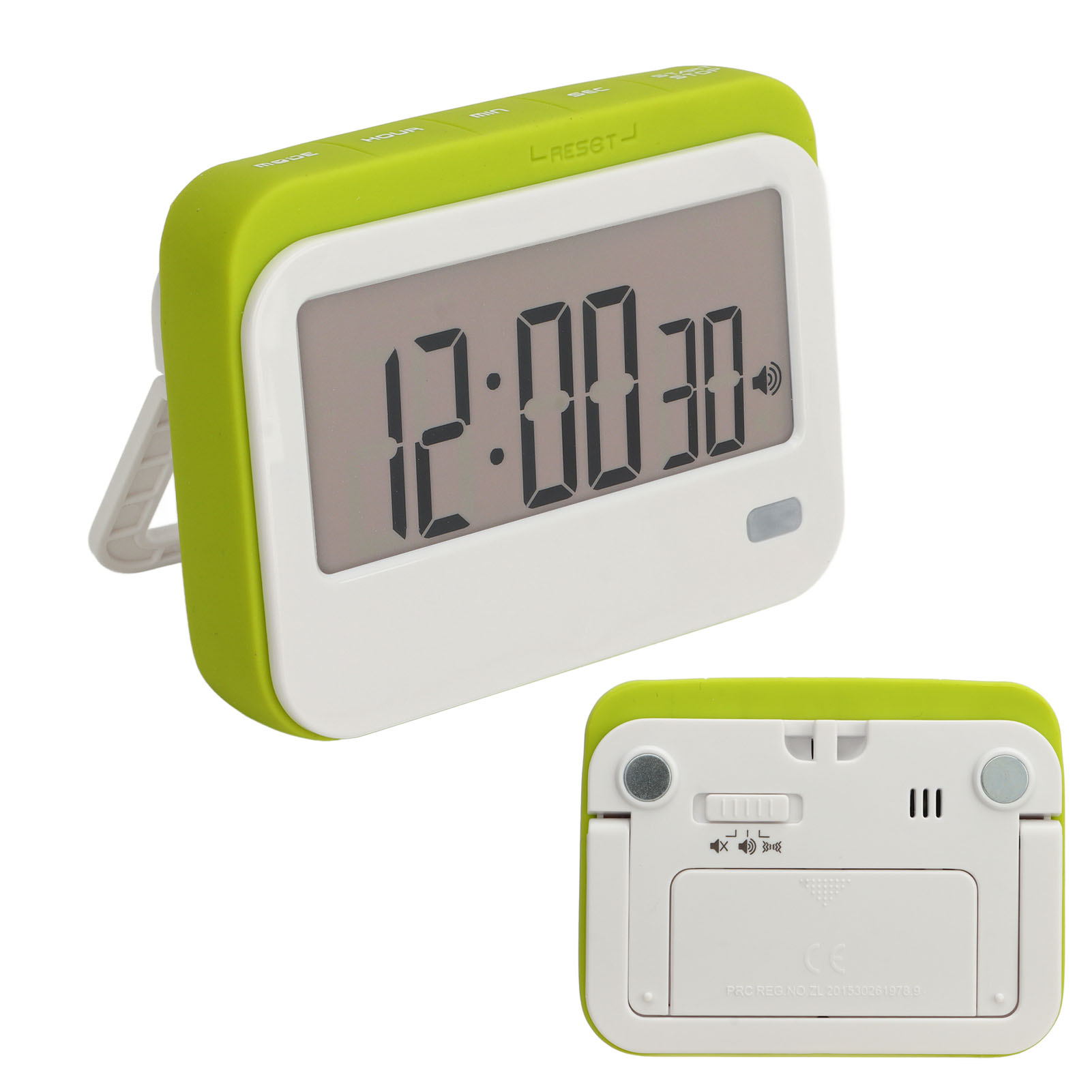Grüner Digital-Timer mit weißem Gehäuse und LCD-Anzeige, die 12:00:30 anzeigt.