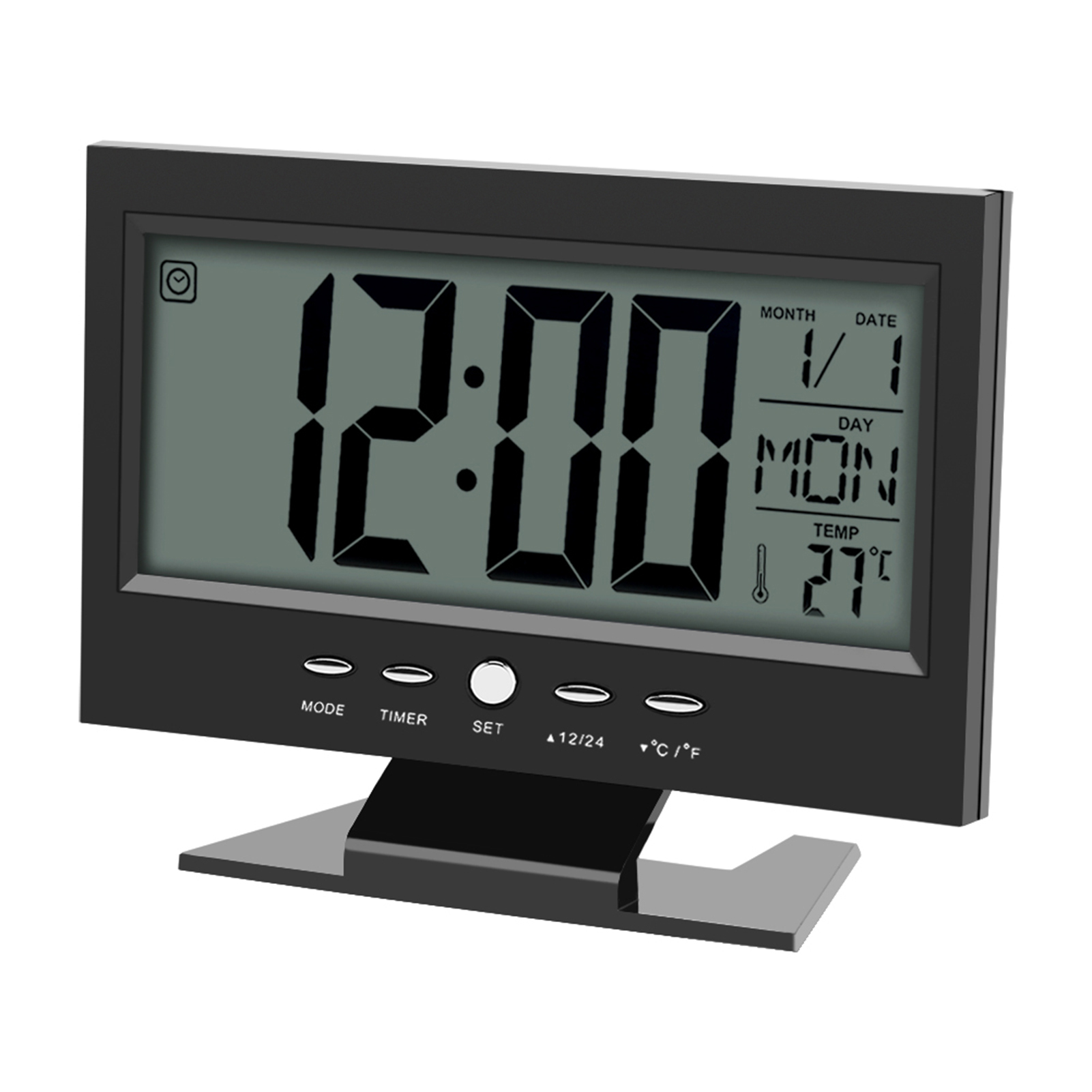 Ein schwarzer Digitalwecker zeigt 12:00, Montag, 1. Januar, 27°C.