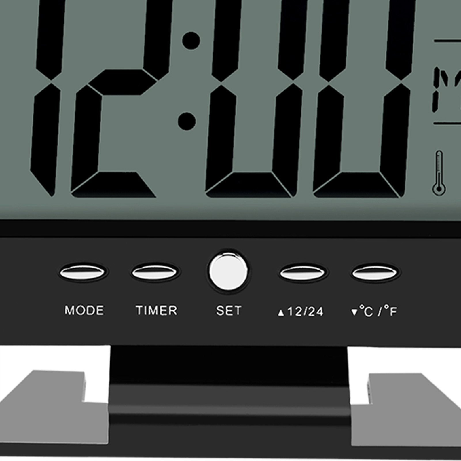 Digitaluhr mit der Anzeige 12:00, Tasten für Modus, Timer, Set, 12/24 und °C/°F.