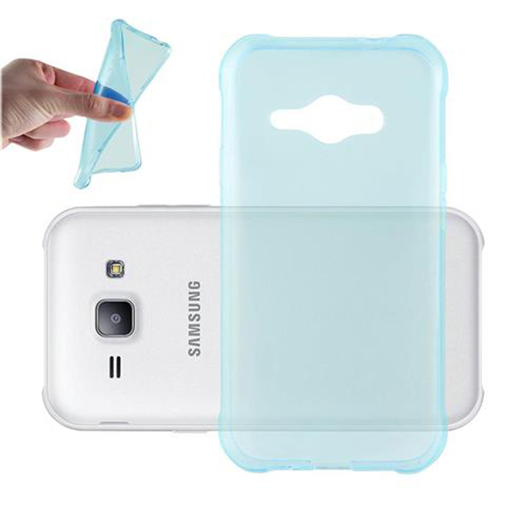 Una custodia per telefono azzurra viene posizionata su un telefono Samsung bianco.