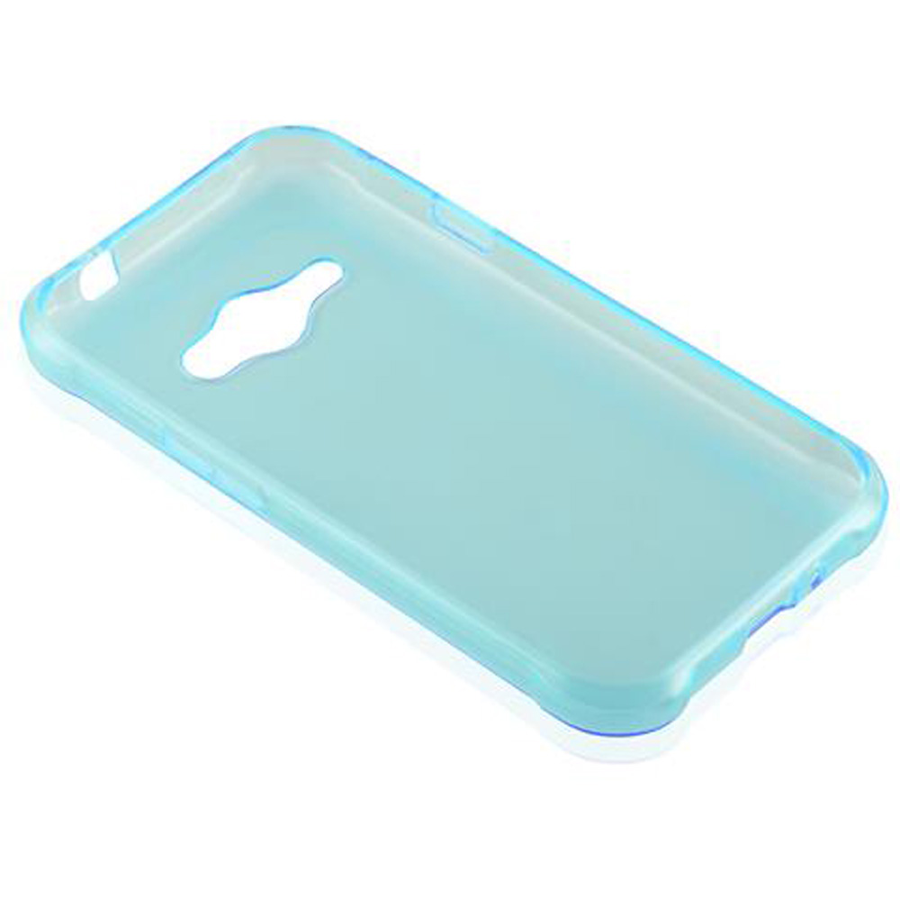 Una custodia per telefono traslucida azzurra.