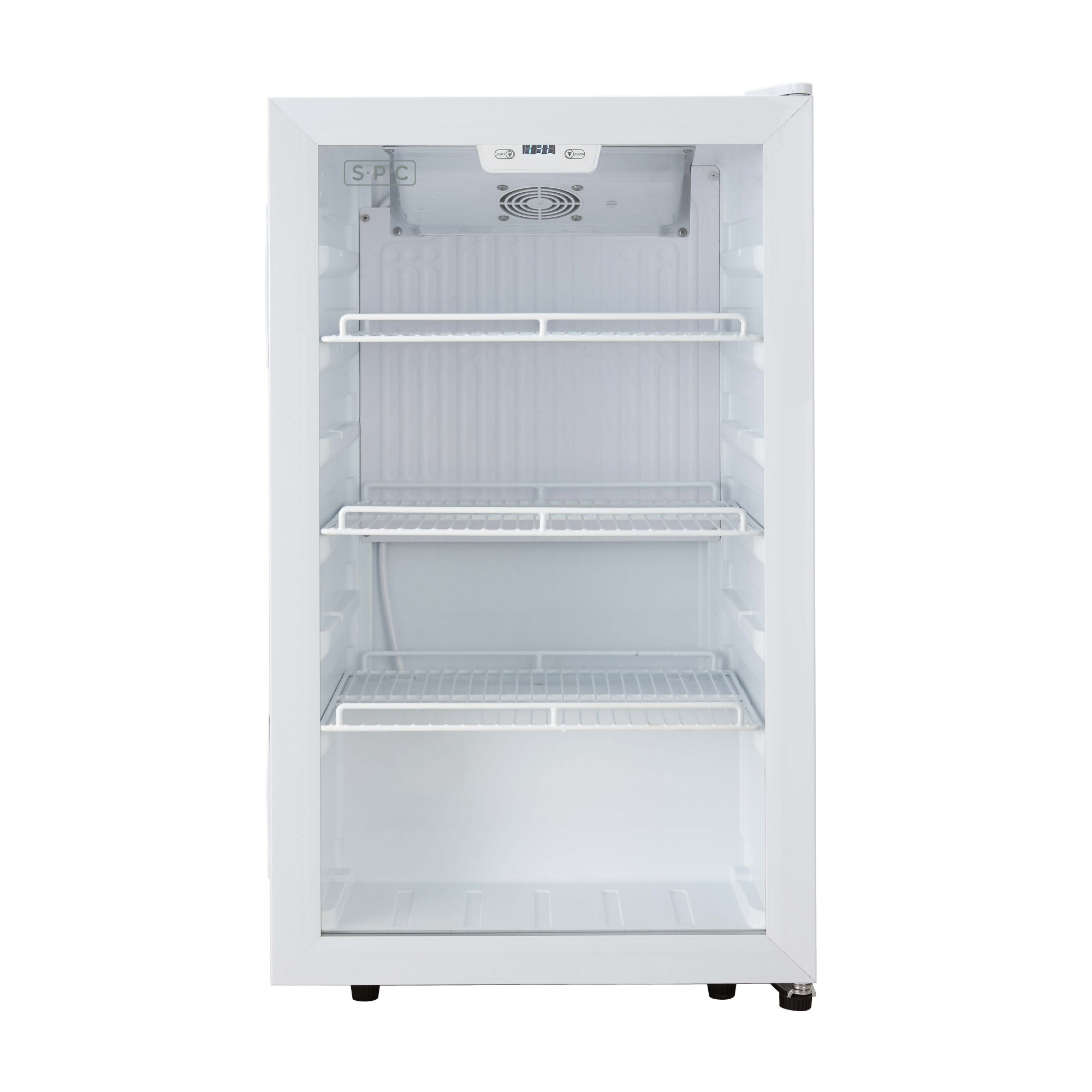 Un frigorifero bianco con porta in vetro e tre ripiani.