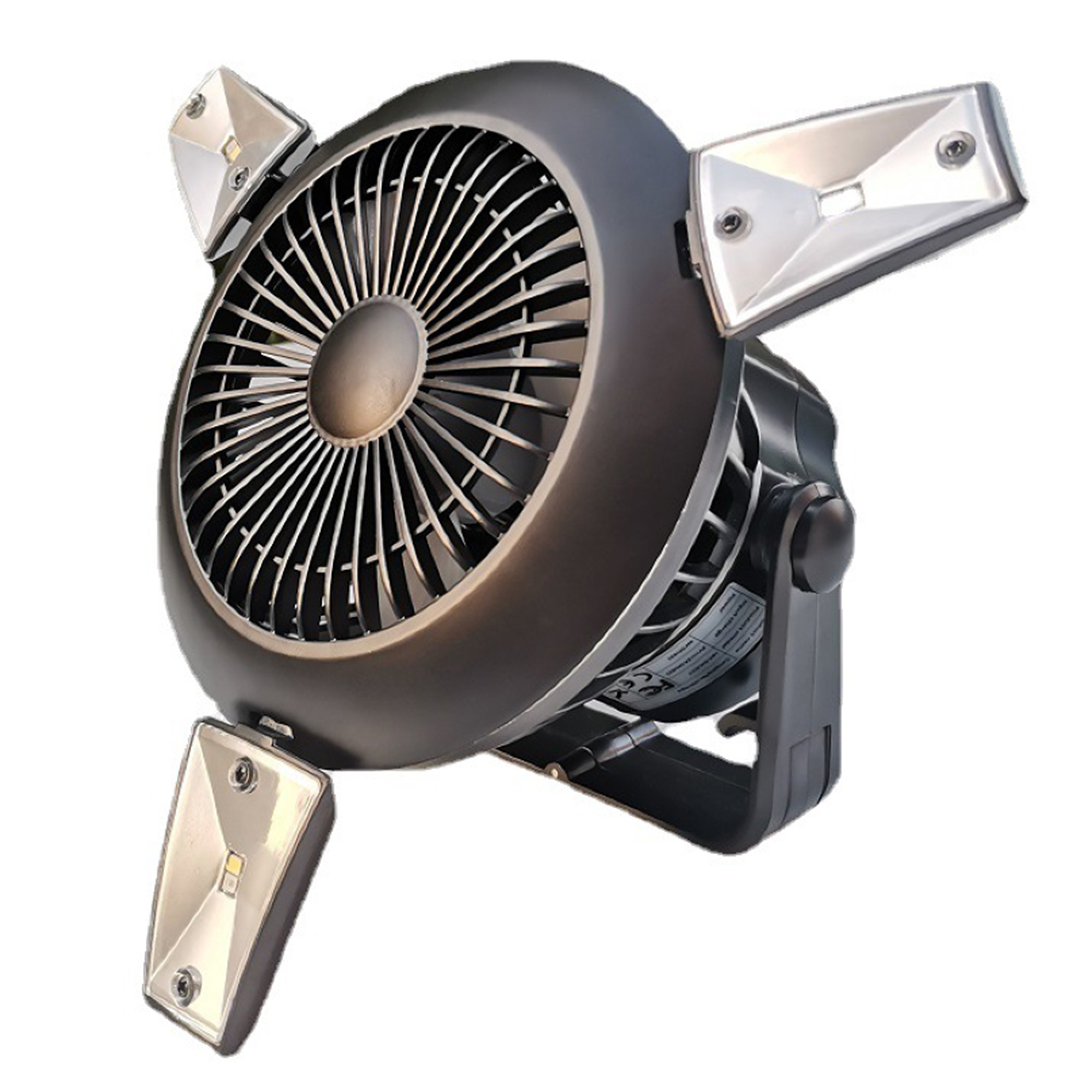 Ein schwarzer Ventilator mit drei LED-Leuchten, montiert auf einem Ständer.