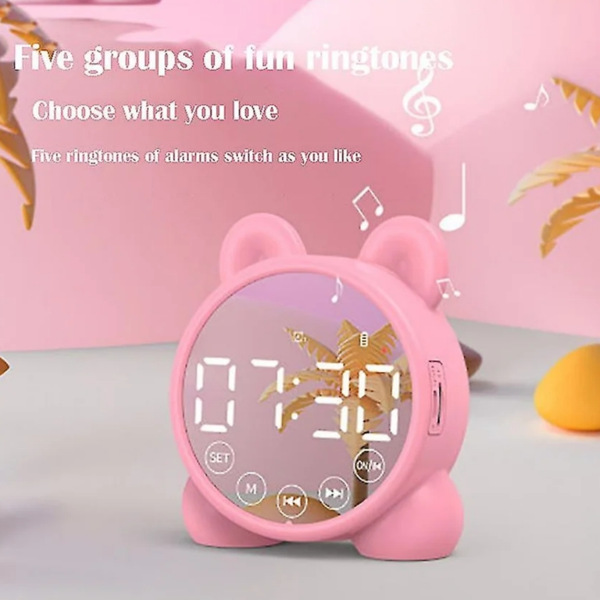 Ein rosafarbener Wecker mit Bärenohren zeigt 07:30 an. Musiknoten sind zu sehen.