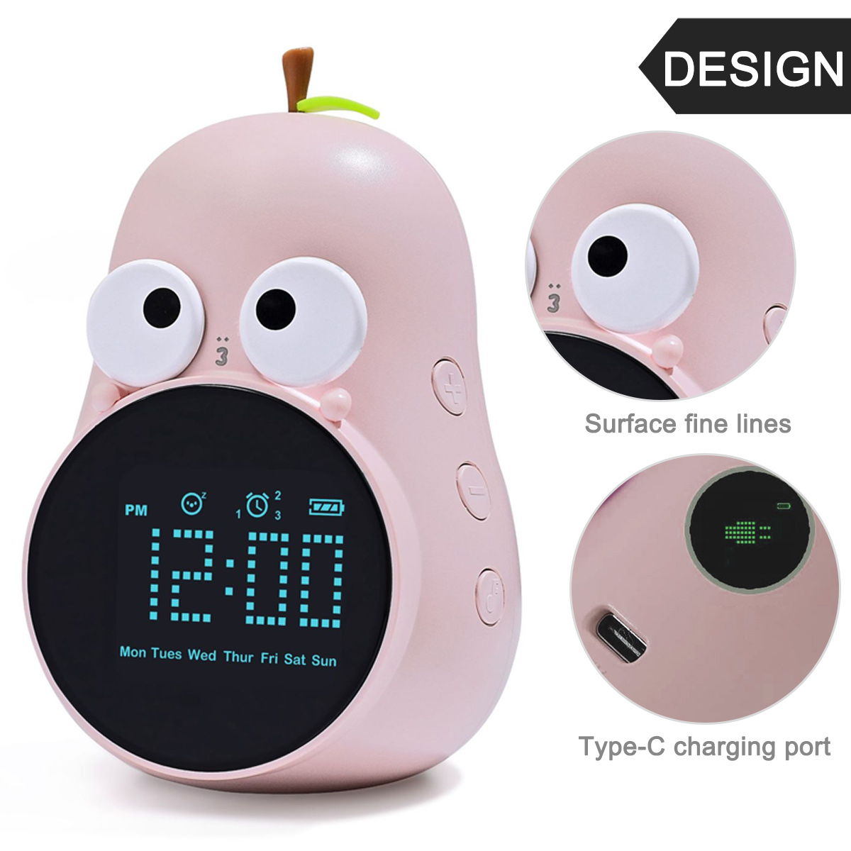 Ein rosafarbener Wecker in Birnenform mit großen Augen und einem digitalen Display.