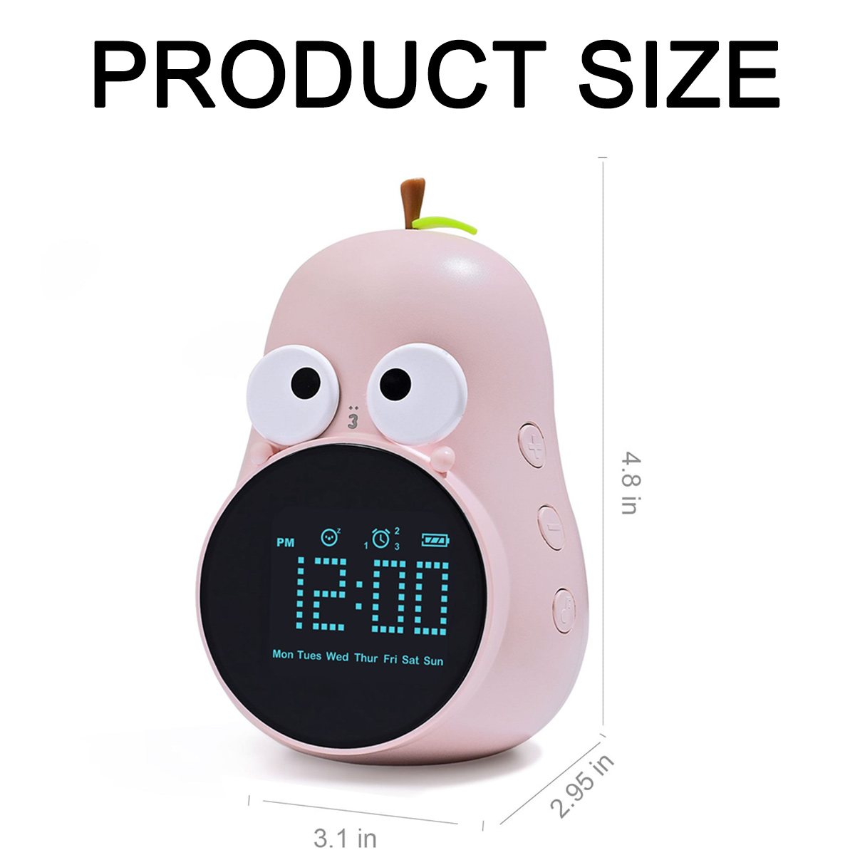 Ein rosa Wecker in Avocado-Form mit großen Augen und einem digitalen Display.