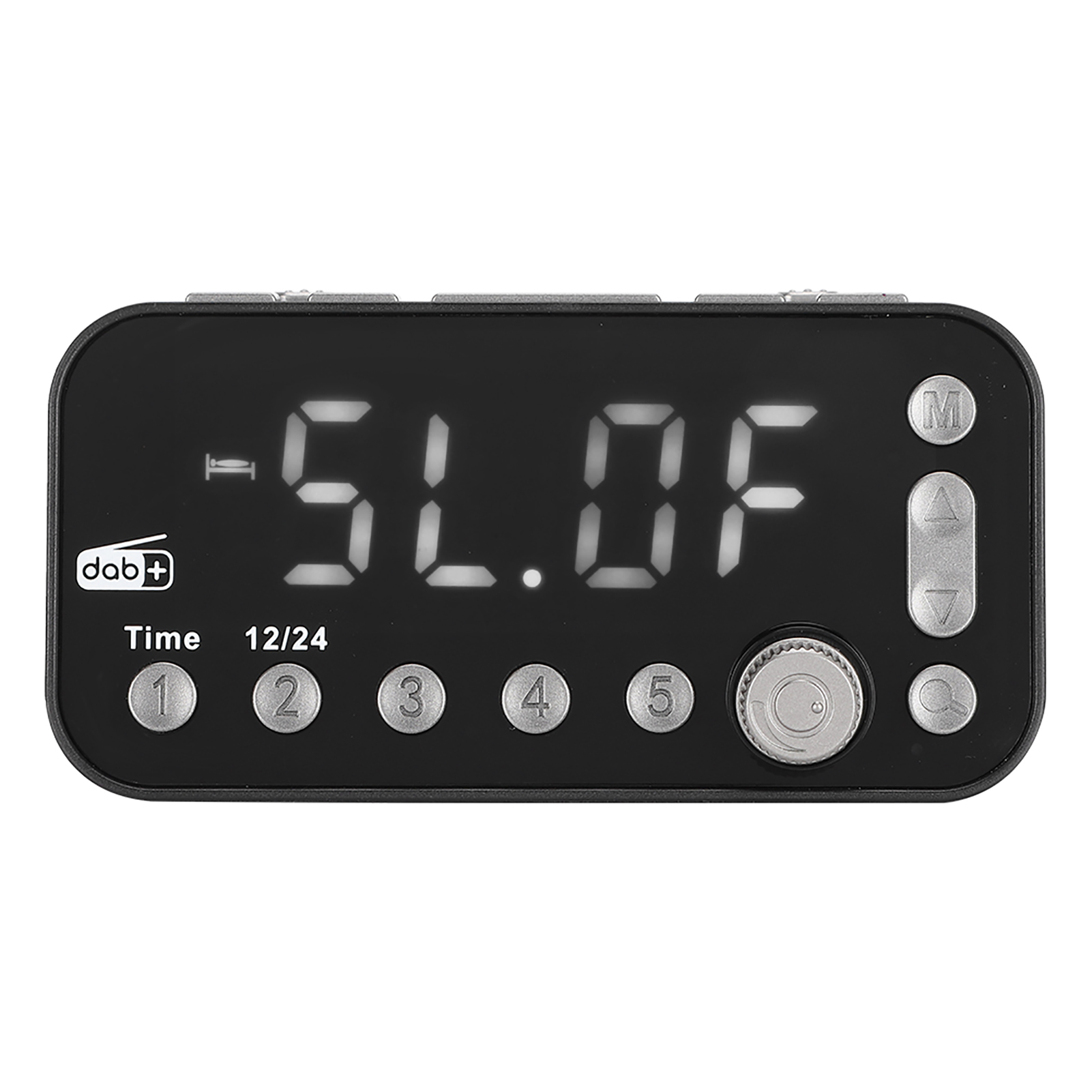 Ein schwarzes DAB+-Radio mit digitaler Anzeige zeigt 'SL.OF'.