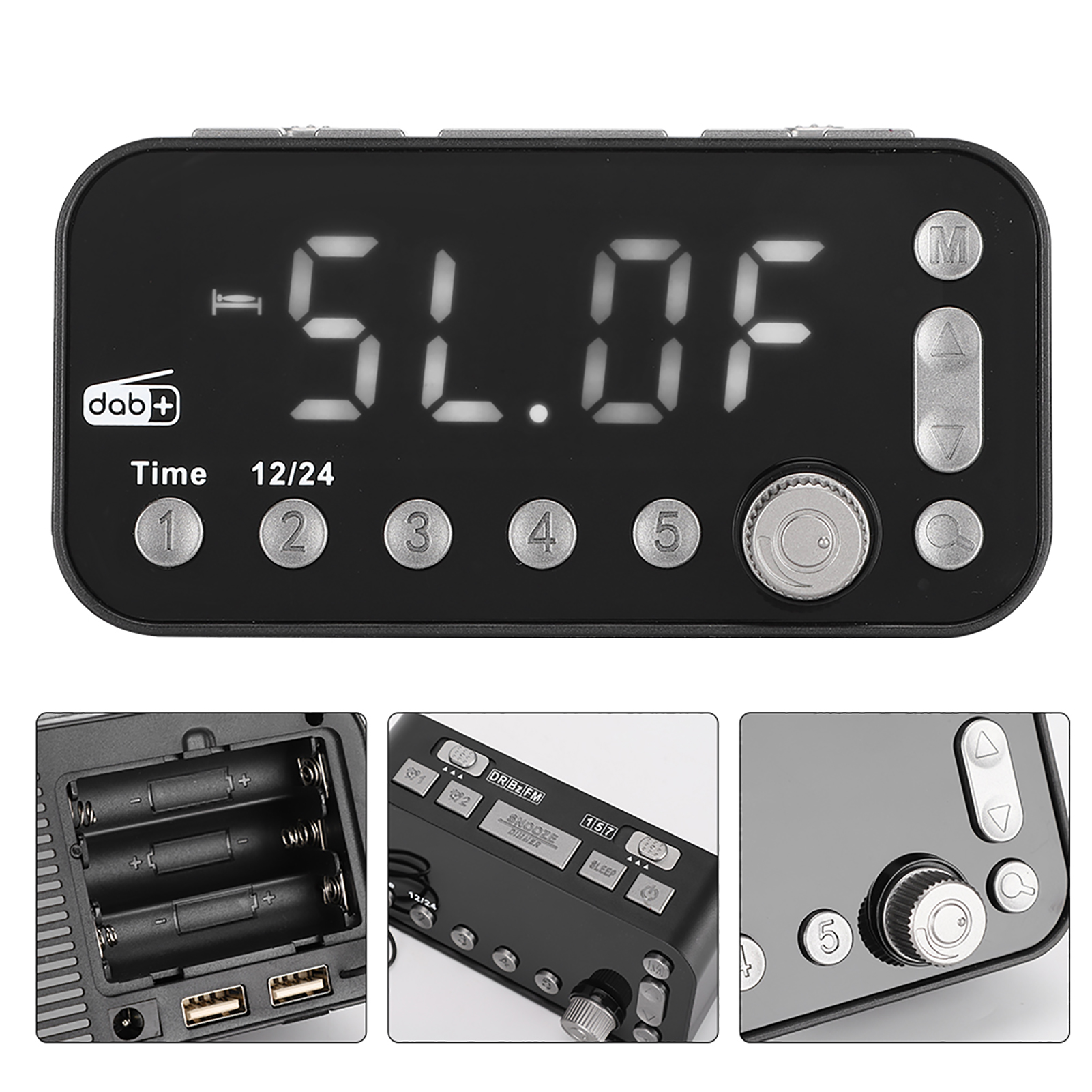 Ein schwarzes DAB+ Radio mit digitalen Ziffern und Bedienelementen.