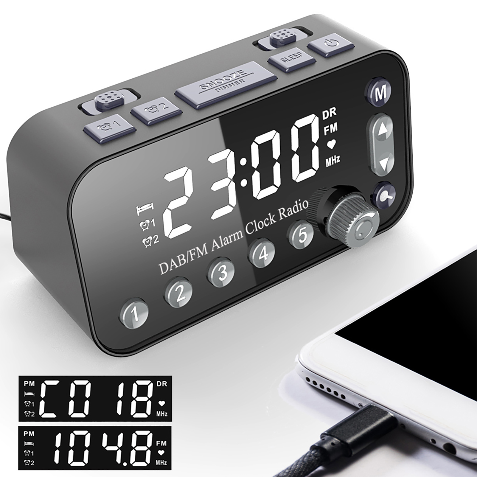 Ein digitaler DAB/FM-Radiowecker mit einem großen Display zeigt 23:00 an.