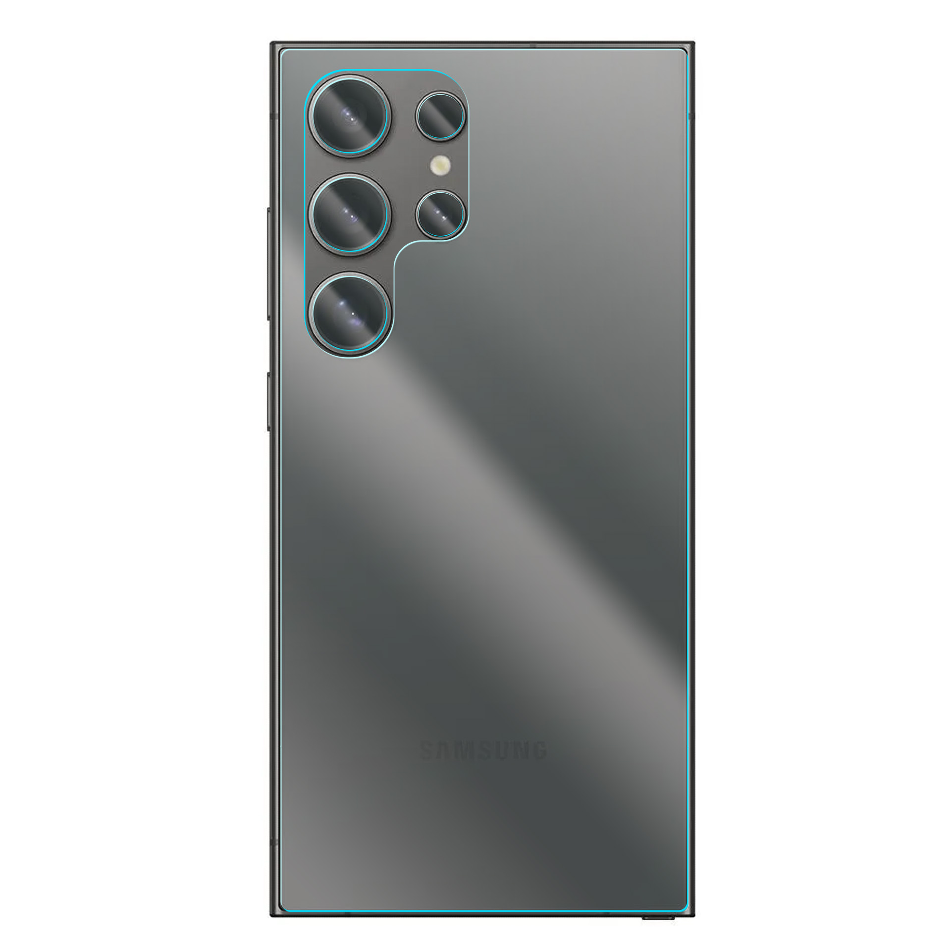 Szary smartfon Samsung z czterema obiektywami i lampą błyskową.