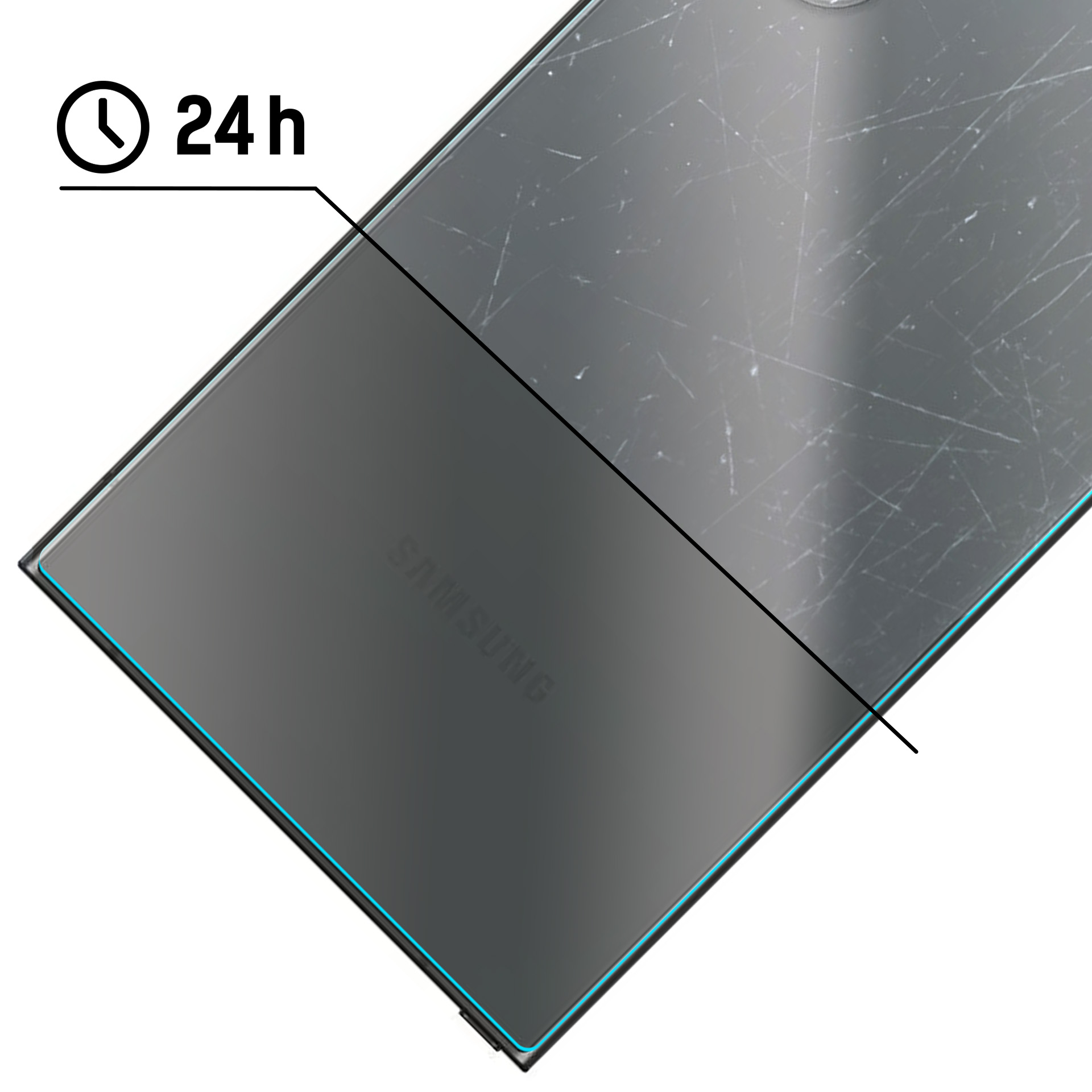 Telefon Samsung z rysami i wskaźnikiem 24h.
