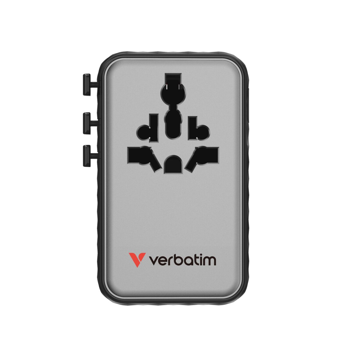 Un adaptateur de voyage argenté avec plusieurs fentes et un bord noir.