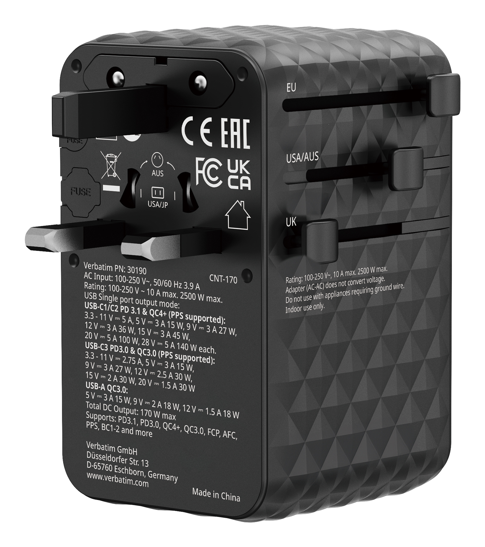 Adaptateur de voyage noir avec broches coulissantes pour UE, USA/AUS et UK. Dispose de ports USB.