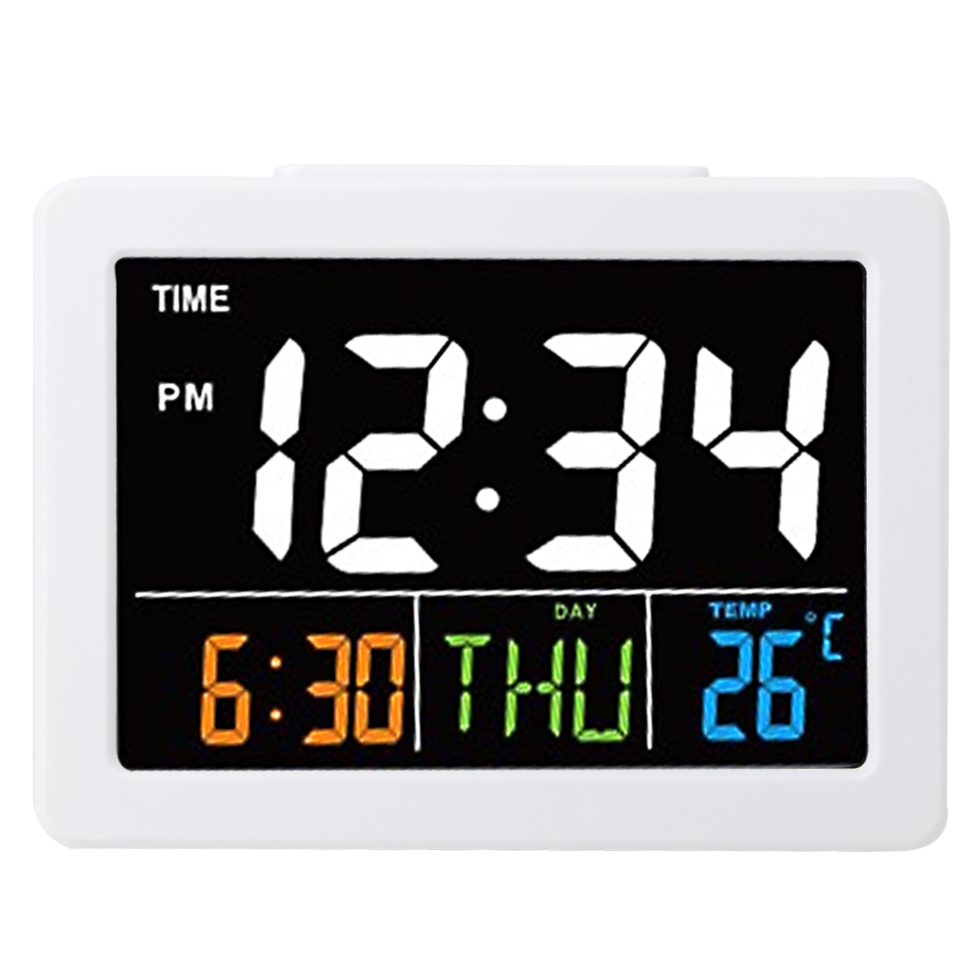 Ein weißer Digitalwecker zeigt 12:34 PM, 6:30, THU, 26°C an.