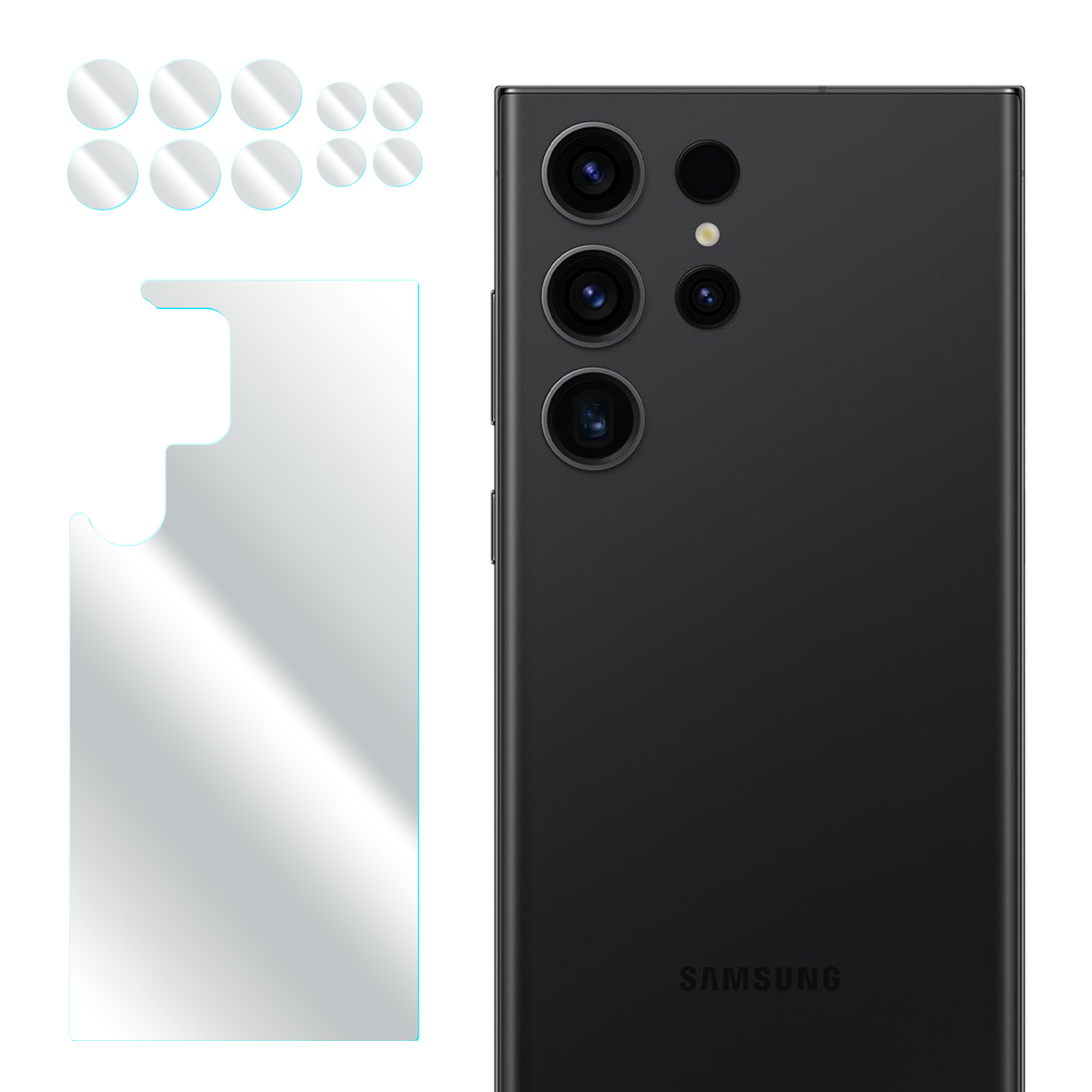Czarny smartfon z czterema aparatami i osłoną ekranu.