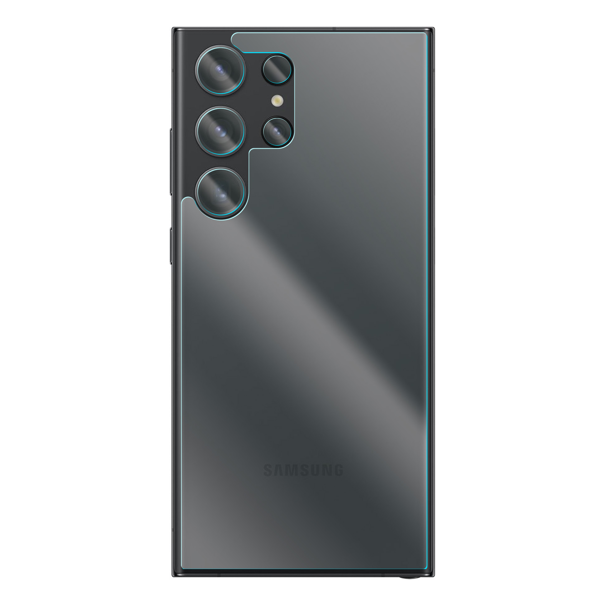 Tył ciemnoszarego smartfona z czterema aparatami i logo Samsung.