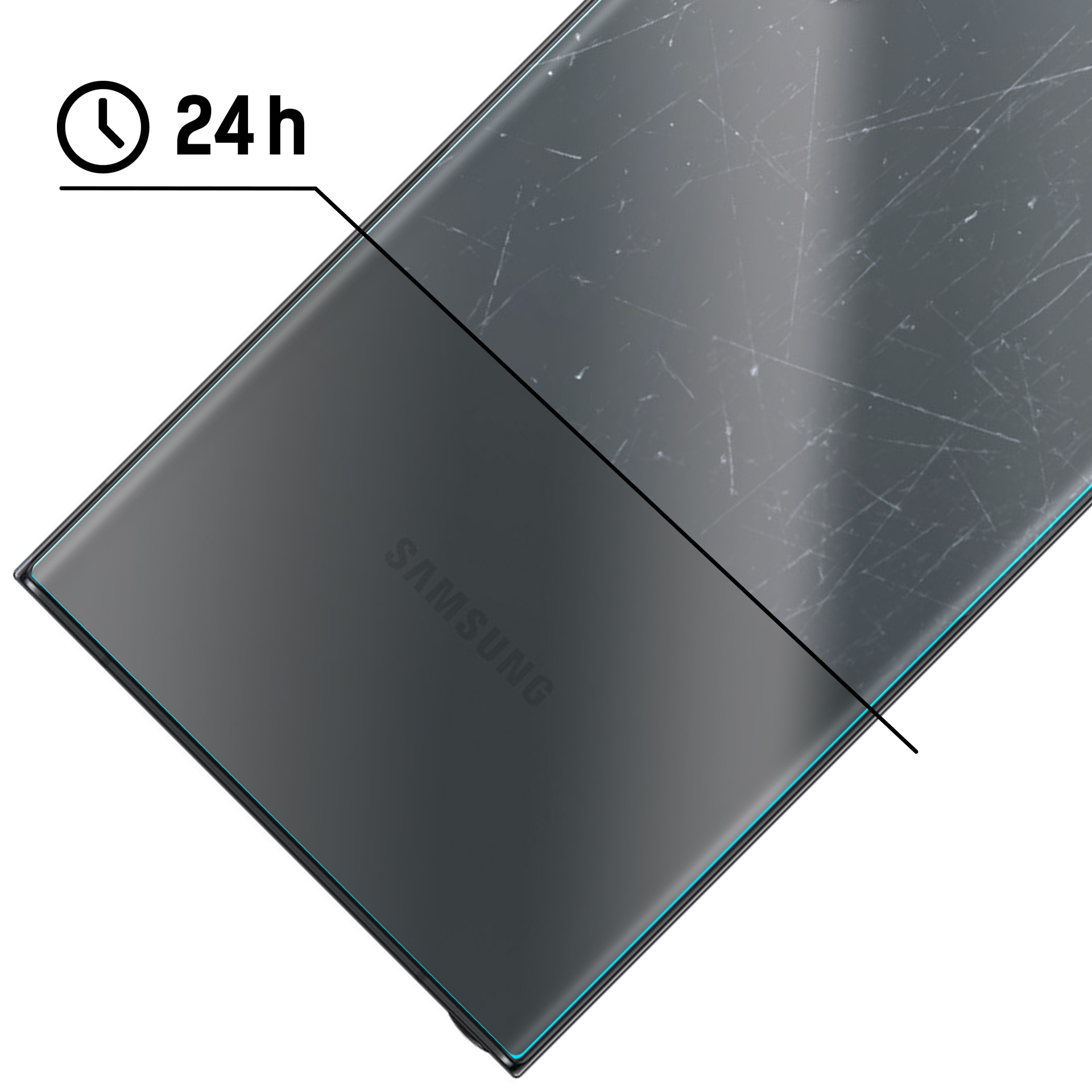 Ciemny telefon Samsung z rysami i ikoną zegara wskazującą 24h.