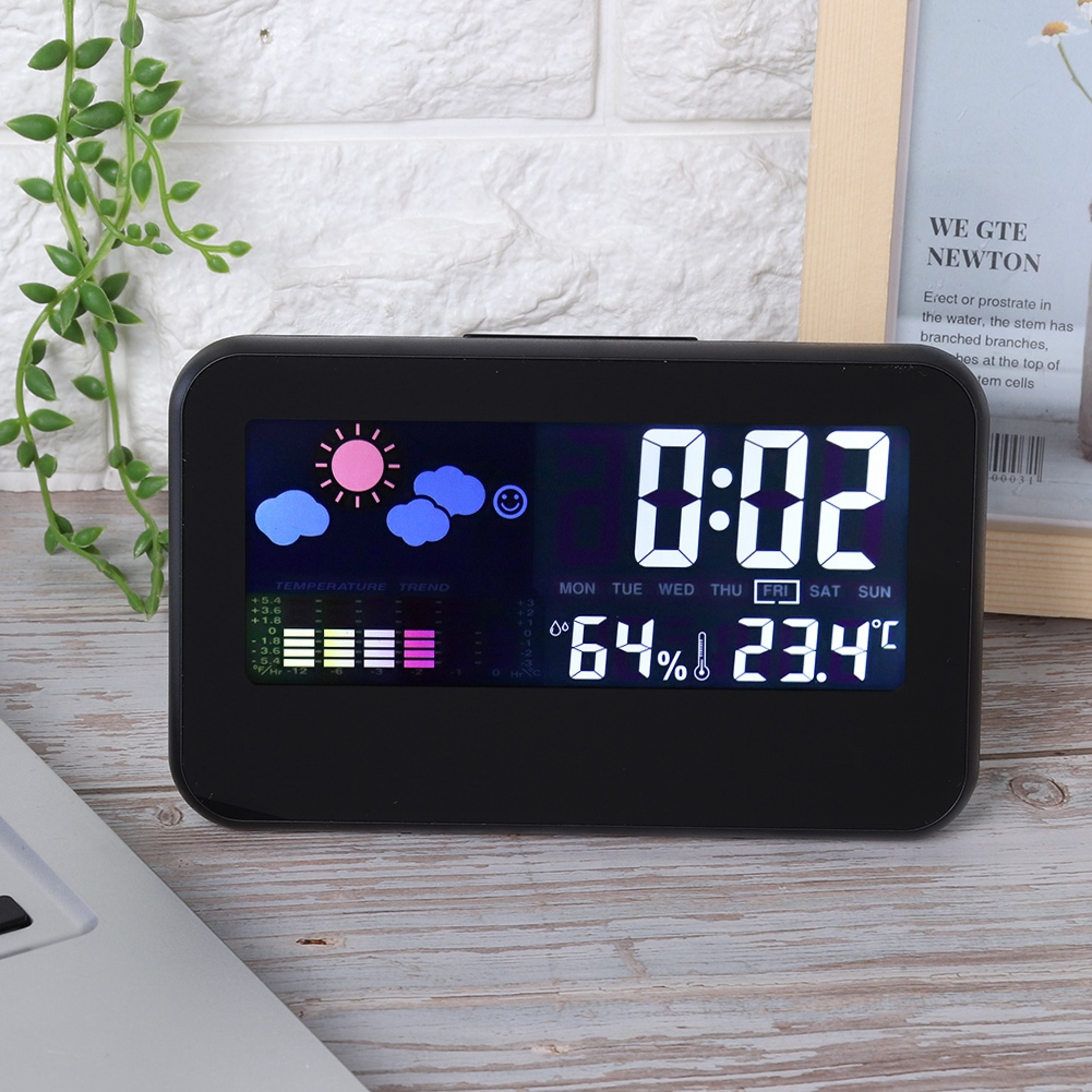 Digitaluhr zeigt 0:02, 64% Luftfeuchtigkeit und 23.4°C an. Wetteranzeige mit Sonne und Wolken.