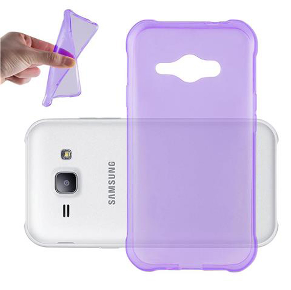 Una custodia viola per telefono accanto a un telefono Samsung bianco.