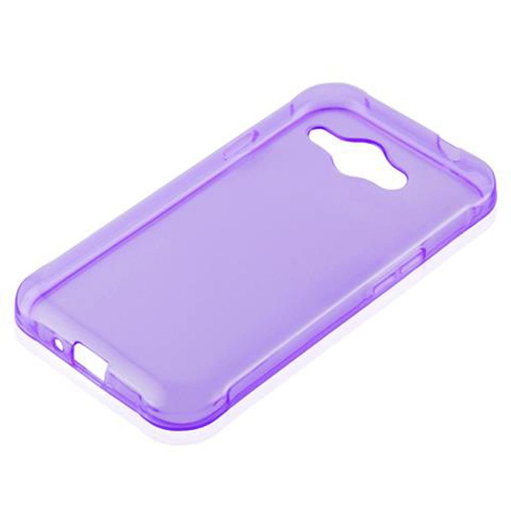 Una cover viola traslucida per telefono giace su uno sfondo bianco.