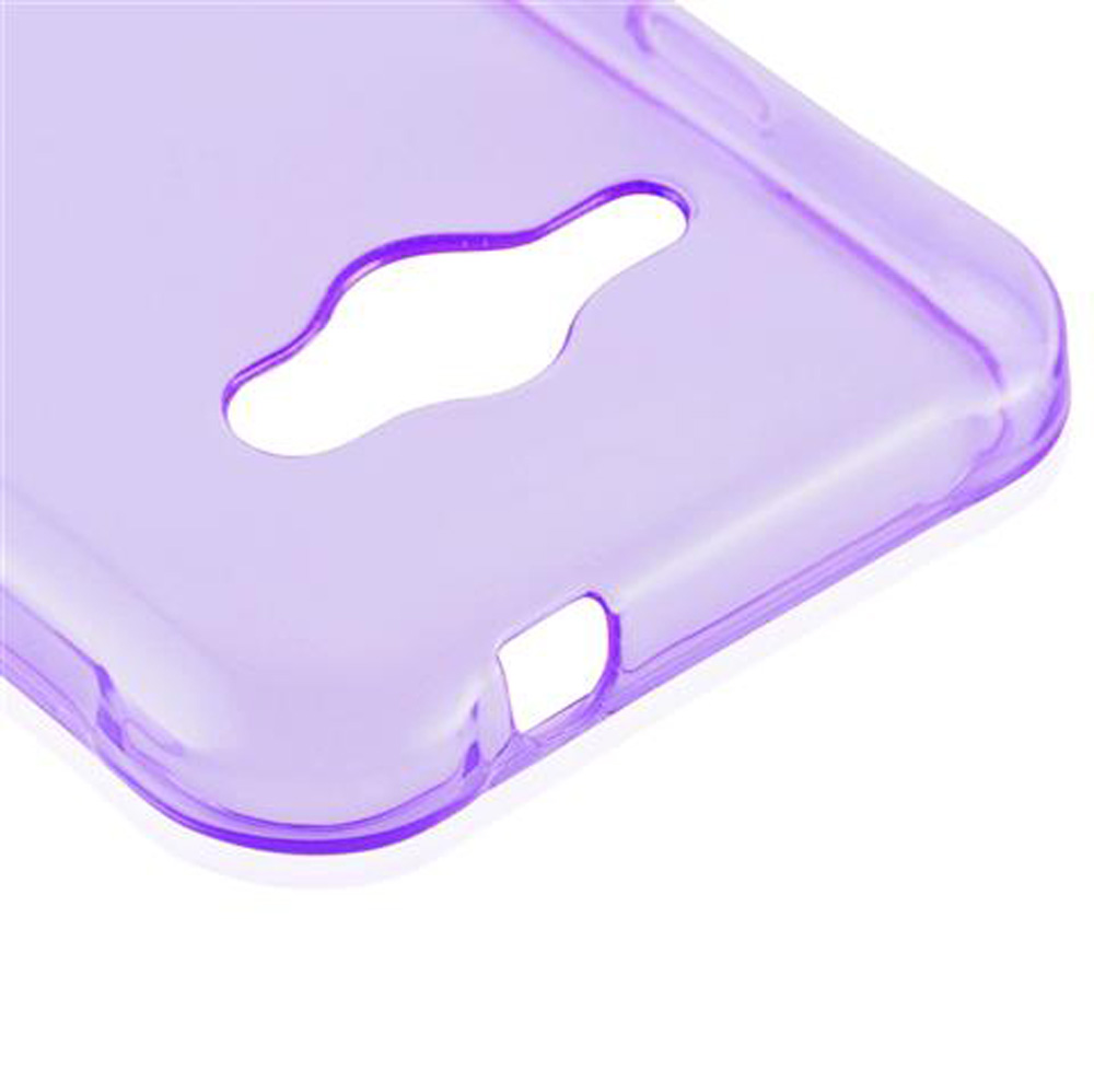 Custodia viola traslucida per telefono con ritagli per fotocamera e porte.