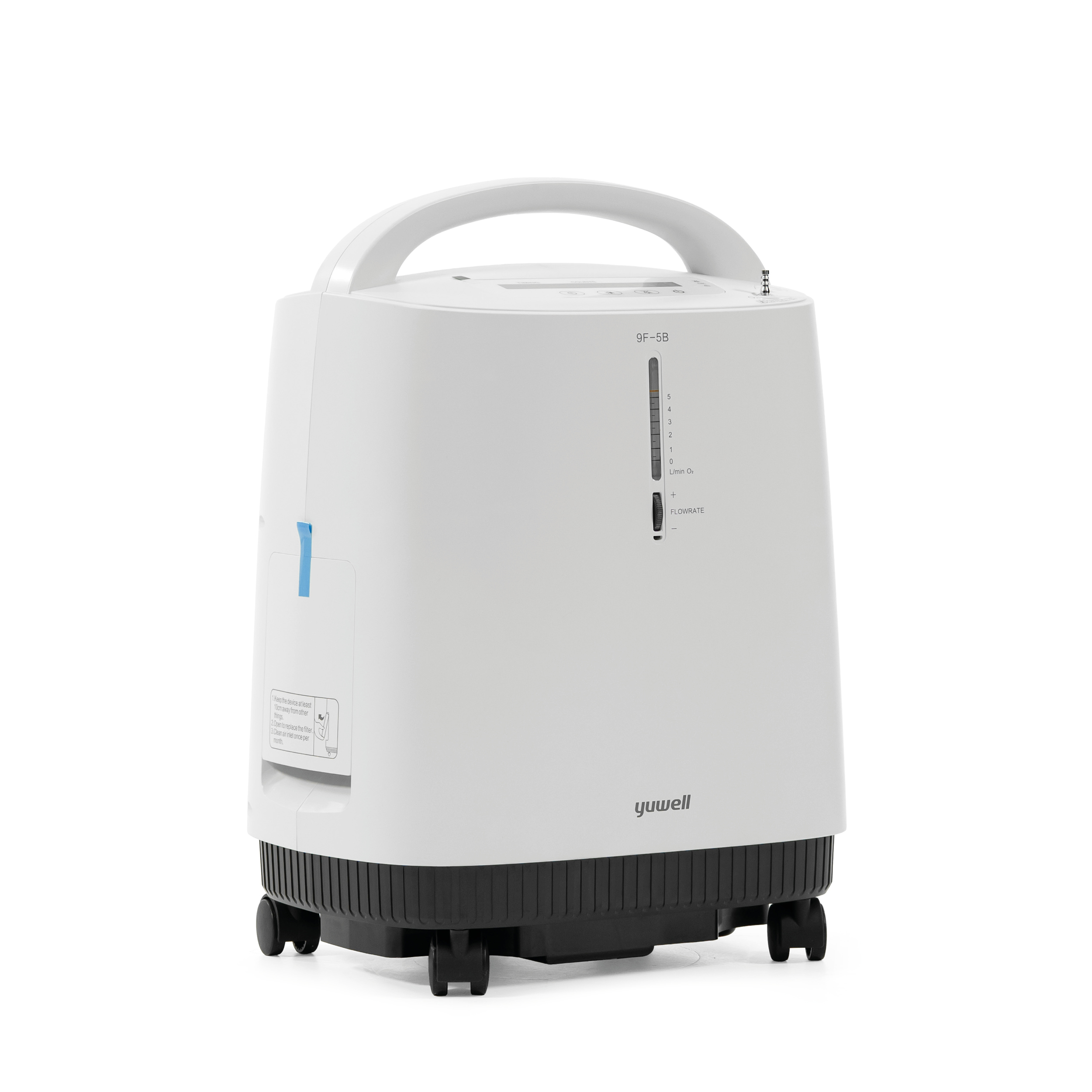 Un concentrateur d'oxygène Yuwell blanc avec roues et écran numérique.