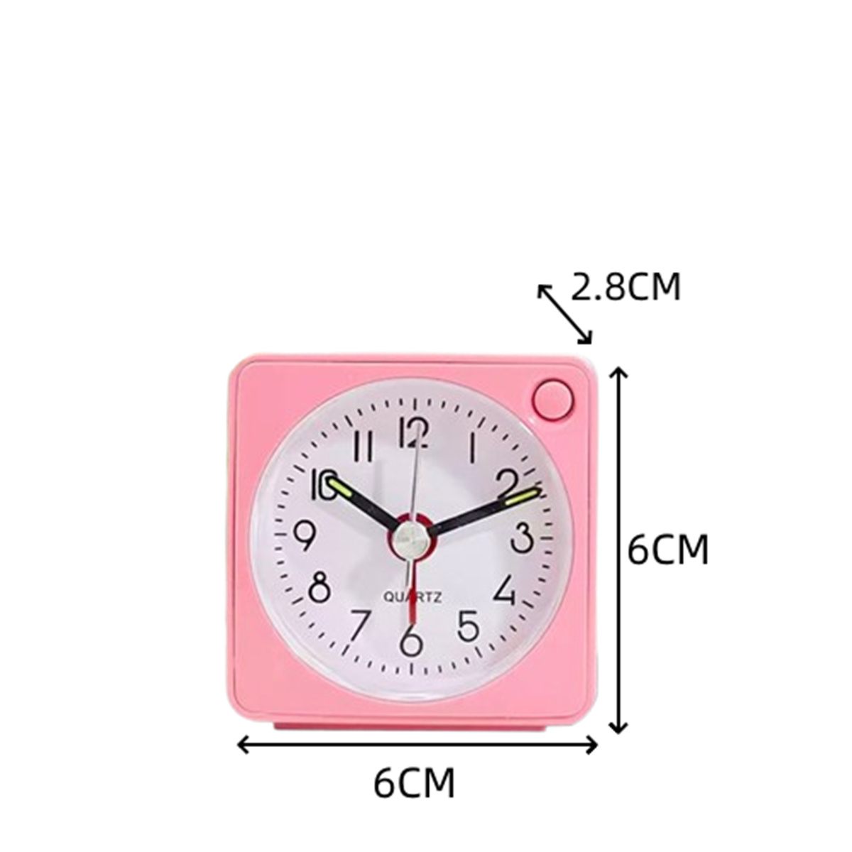 Ein kleiner rosa Wecker mit weißen Ziffernblatt und schwarzen Zeigern.