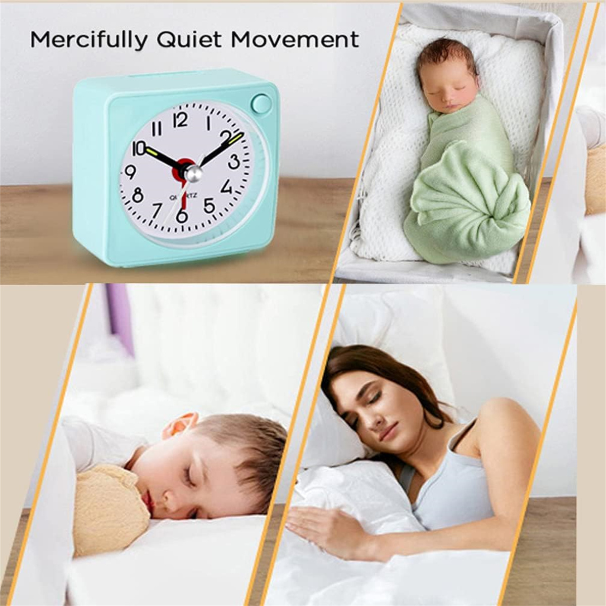Hellblauwe wekker met witte wijzerplaat, slapende baby, slapend kind, slapende vrouw.