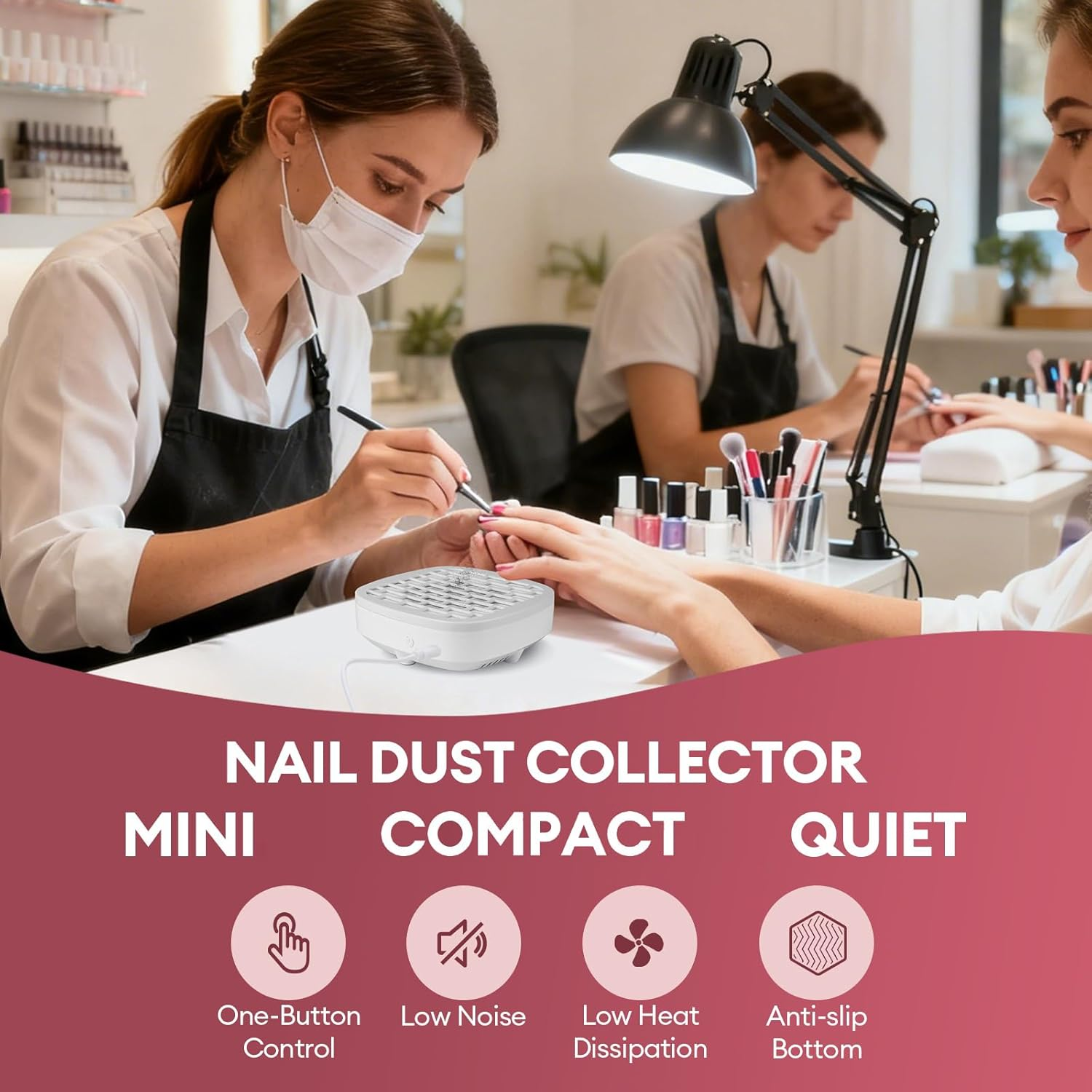 Nagelstaubsammler: Eine Nageldesignerin arbeitet an den Nägeln einer Kundin.