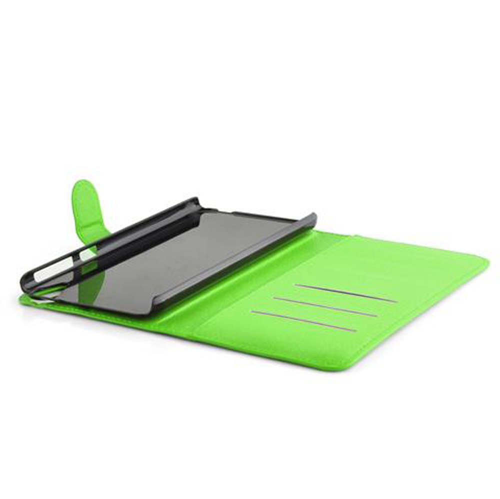 Offenes grünes Klappgeh äuse mit schwarzem Tablethalter und Kartenschlitzen.