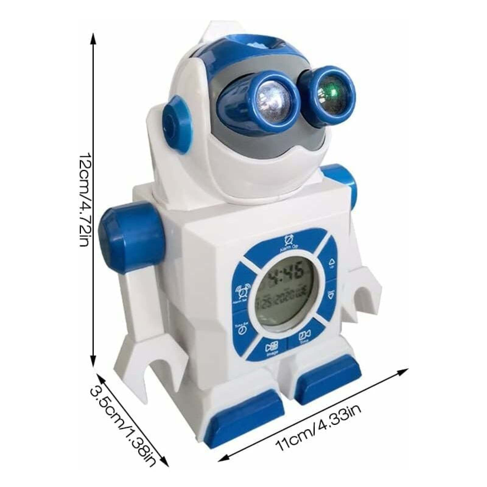 Ein weißer und blauer Roboter-Wecker mit leuchtenden Augen und einem digitalen Display.
