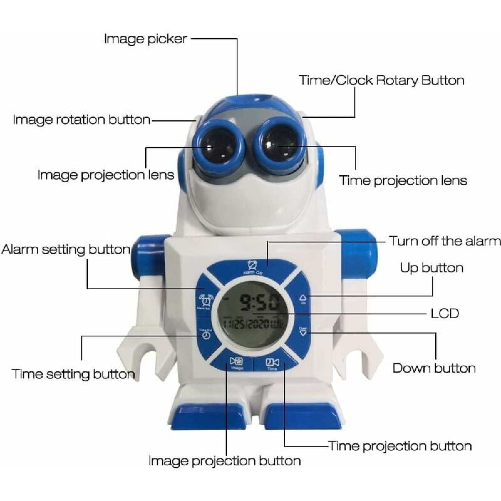 Ein weißer und blauer Roboter-Wecker mit einem LCD-Bildschirm und vielen Knöpfen.