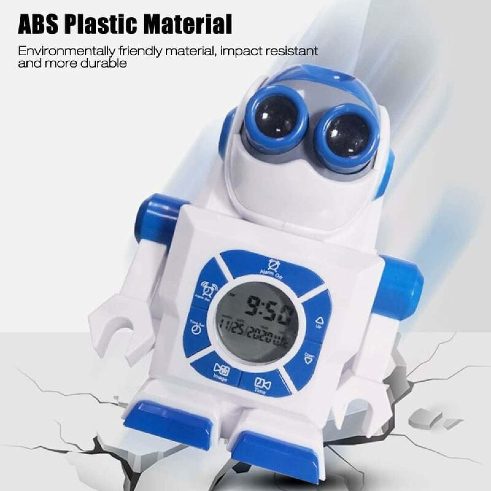 Ein weißer und blauer Roboter-Wecker mit Digitalanzeige steht auf einer zerbrochenen Oberfläche.