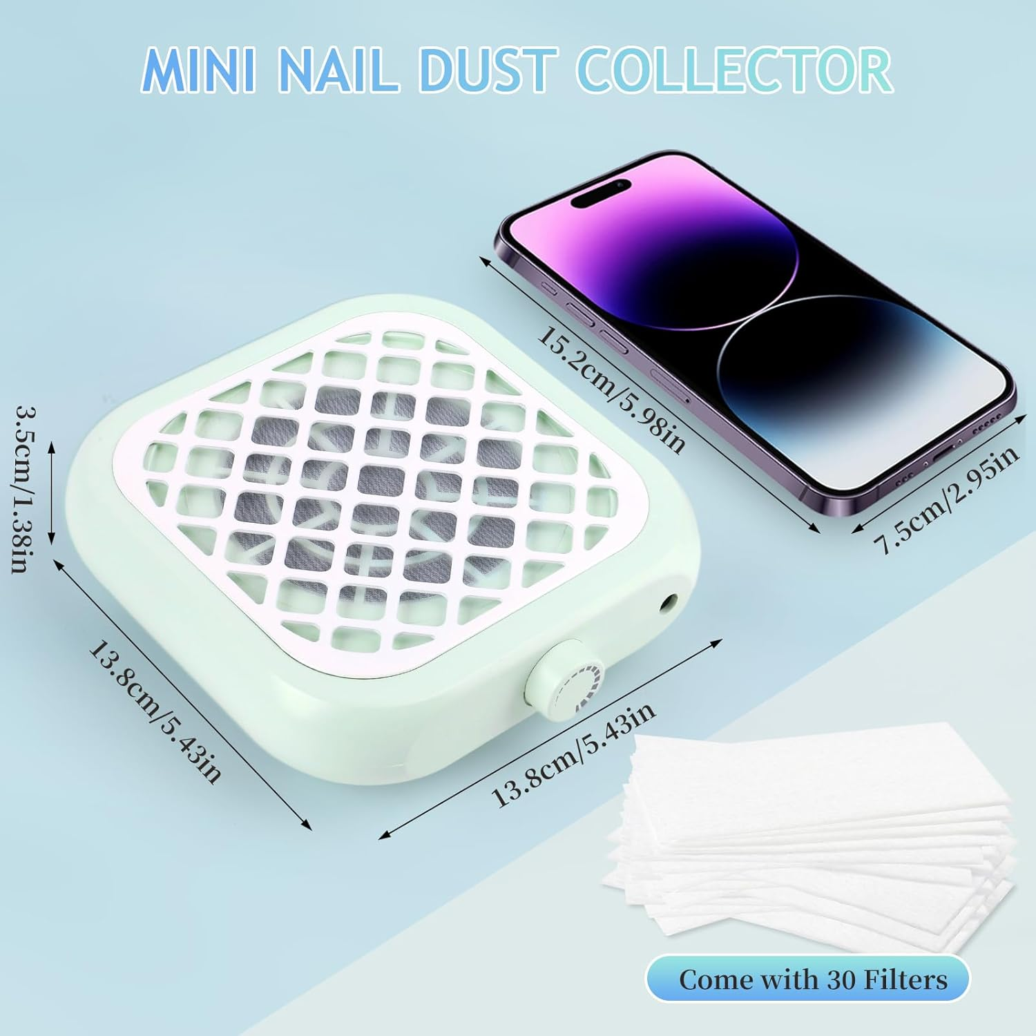 Ein nagelstaubsammler mit einem Smartphone und 30 Filtern.