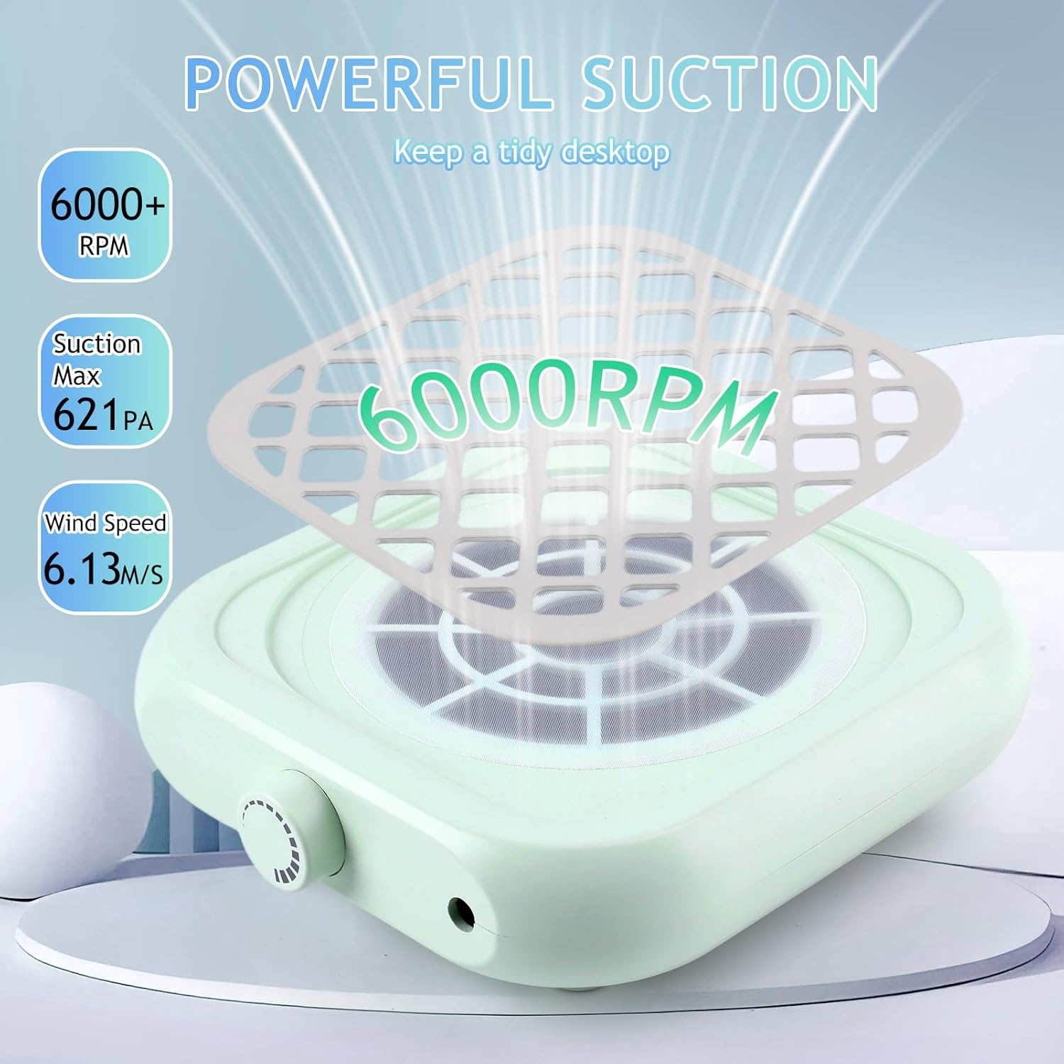 Ein hellgrüner Desktop-Sauger mit 6000 RPM, max. 621 Pa Saugleistung und 6,13 m/s Windgeschwindigkeit.