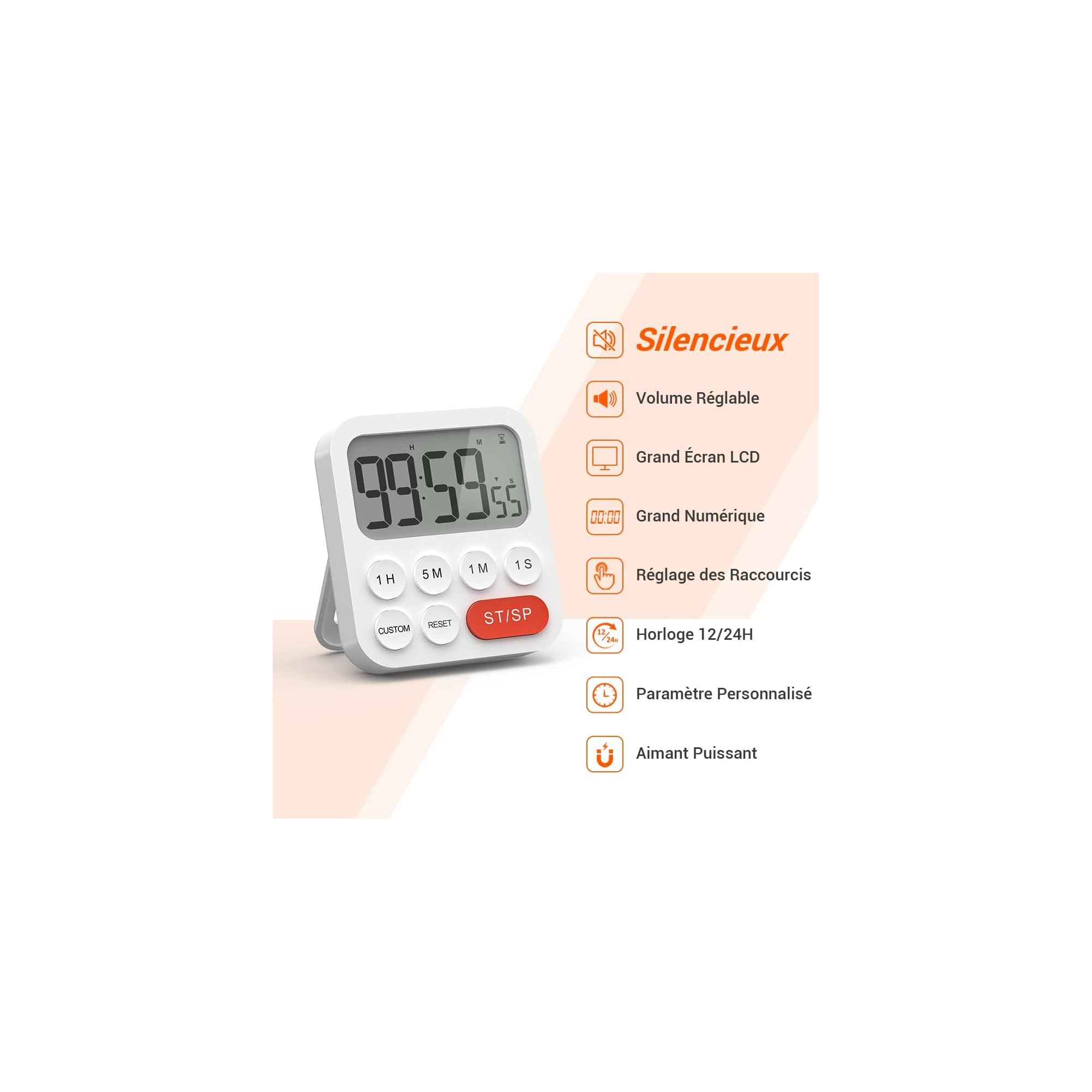 Ein weißer digitaler Timer mit großem Bildschirm und Tasten.