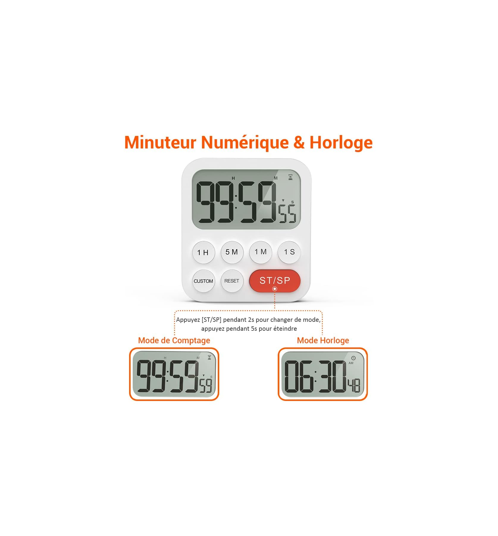 Digitaler Timer & Uhr: Zählmodus 99:59:59, Uhr 06:30.