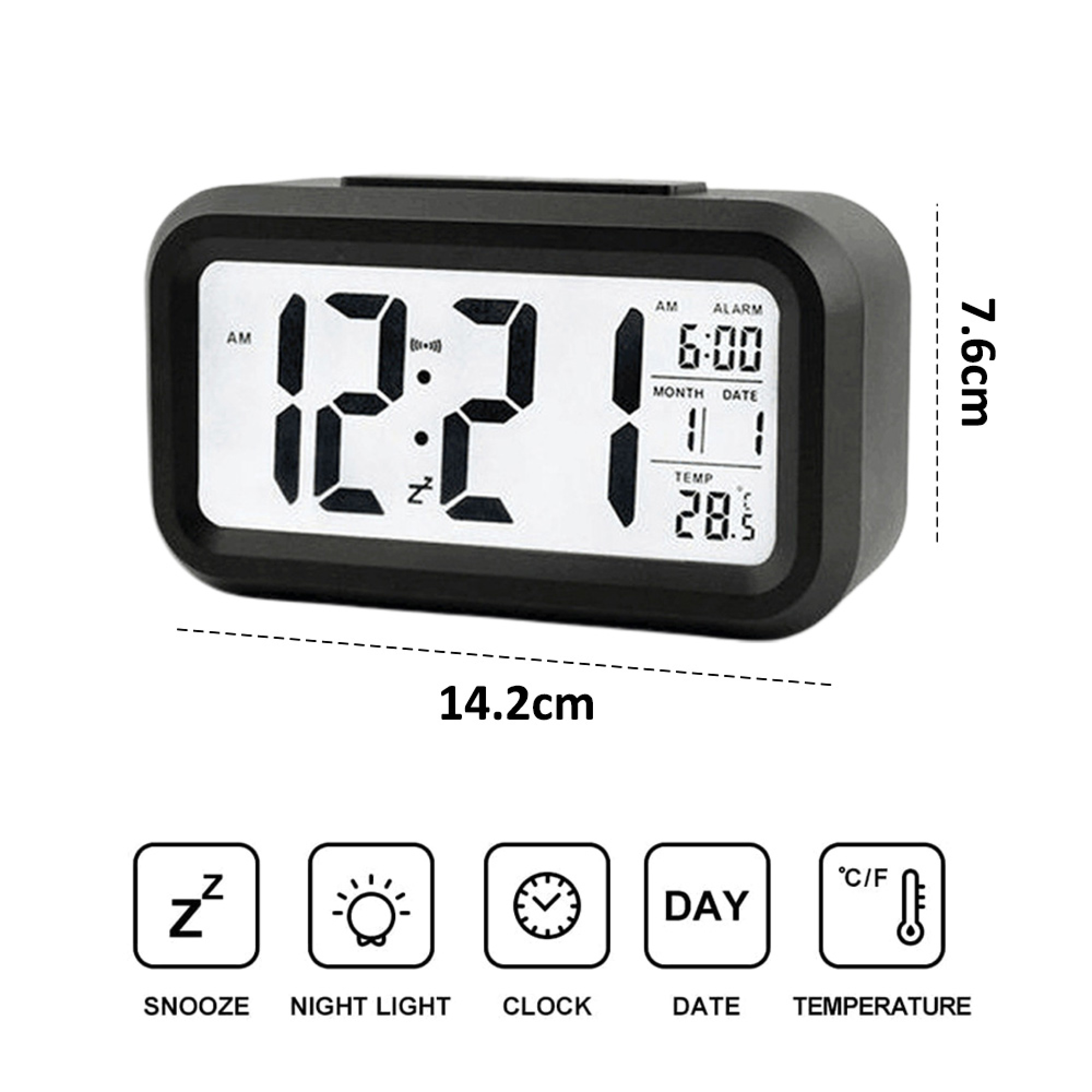 Ein schwarzer Digitalwecker zeigt 12:21 Uhr, 6:00 Uhr Alarm, 11. Monat, 1. Tag, 28,5°C.
