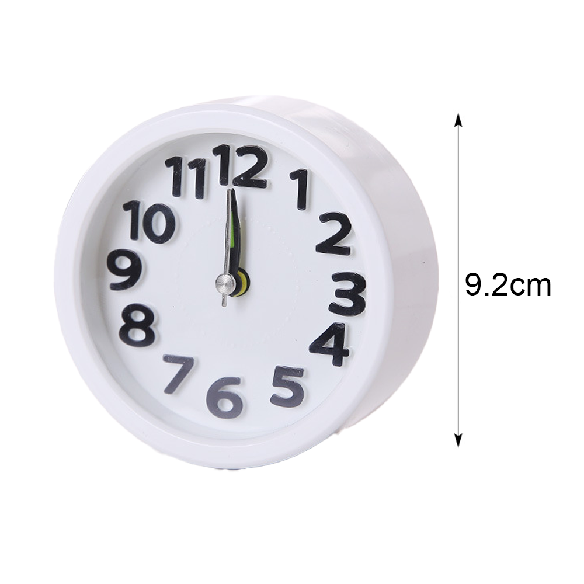 Ein weißer Wecker mit schwarzen Ziffern zeigt 12:00 Uhr an.