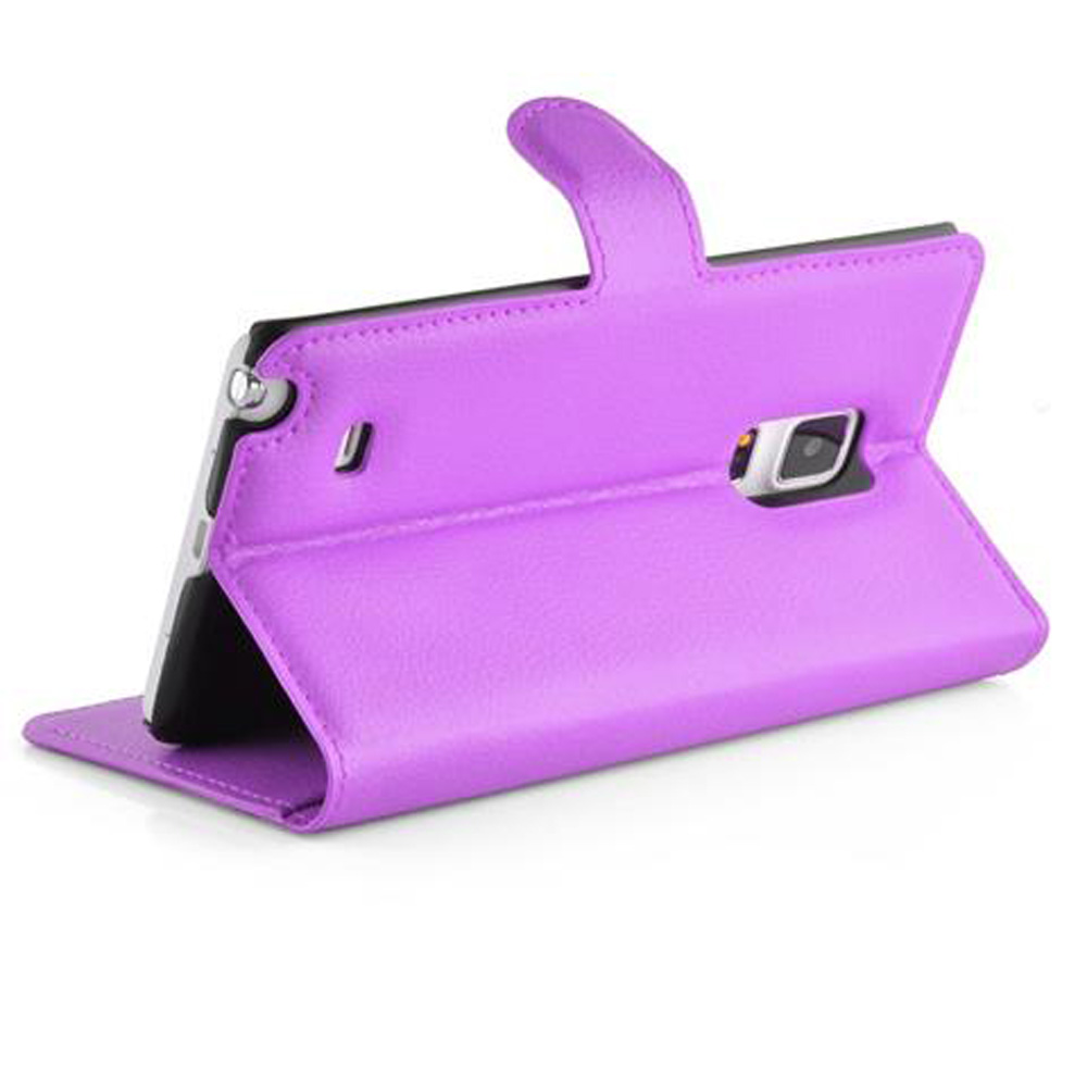 Una custodia viola per telefono con funzione di supporto, con ritagli per fotocamera e pulsanti.