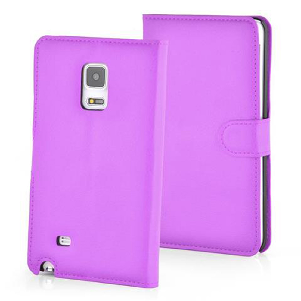 Una custodia a flip viola per telefono è mostrata con la fotocamera visibile.