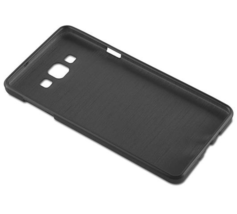 Custodia nera per telefono con texture a pennellate e ritagli.