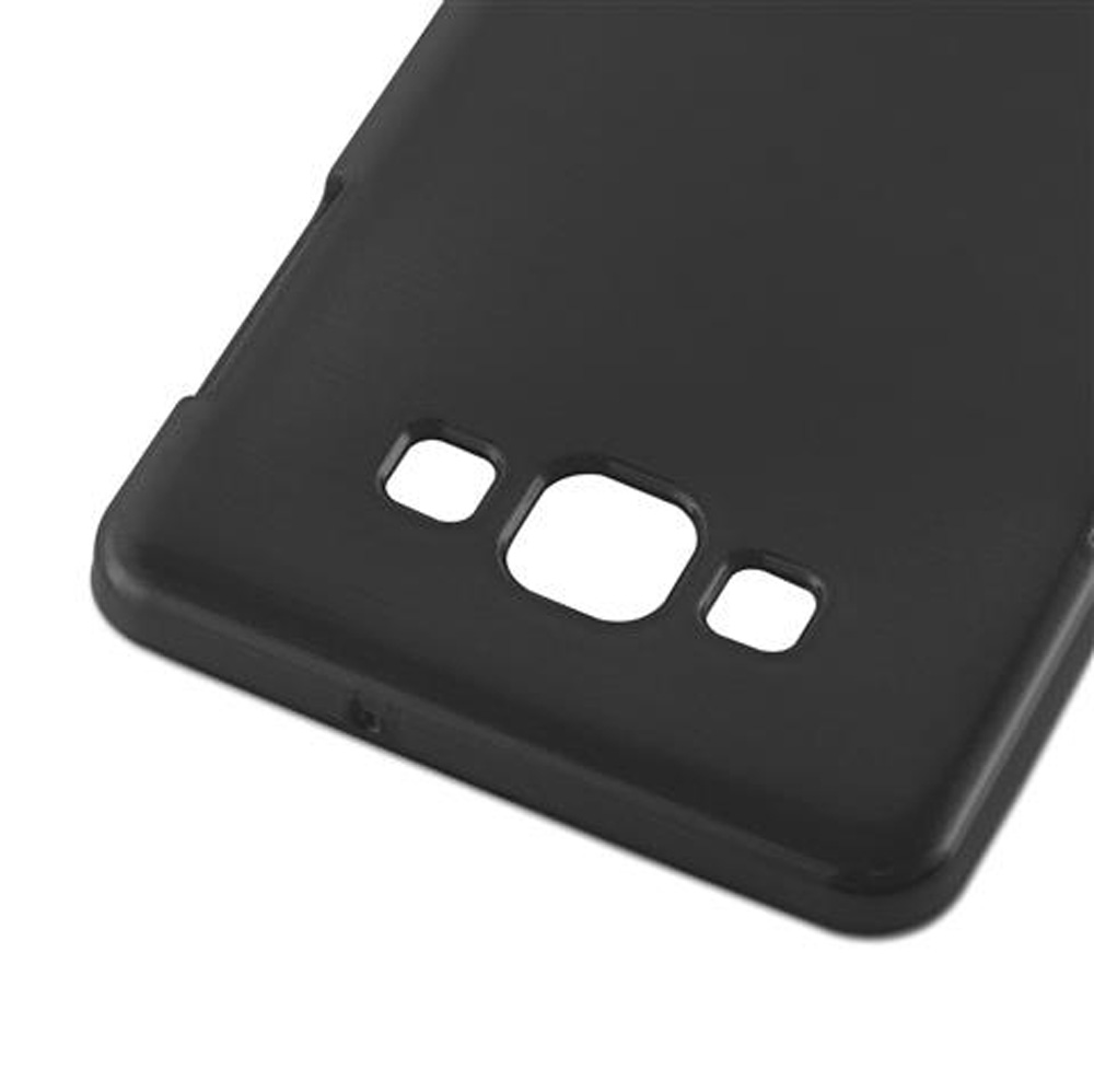 Custodia nera per telefono con ritagli per fotocamera e flash.
