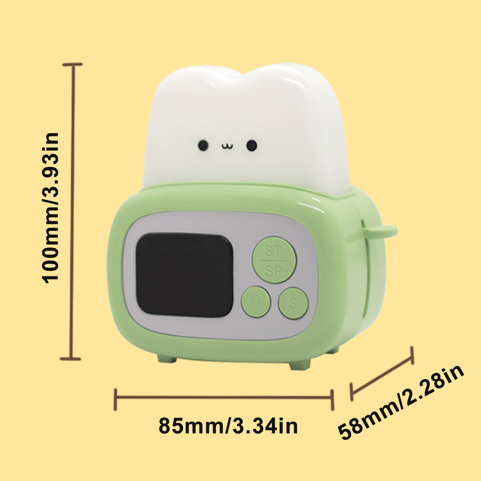 Ein grüner Timer in Toastform mit einem niedlichen Gesicht und Bedienelementen.
