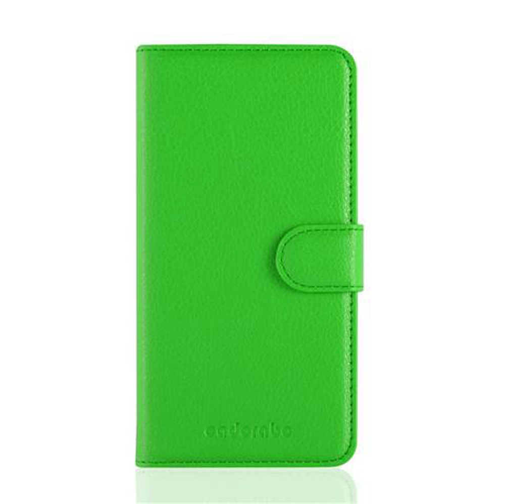Ein leuchtend grüne Handyhülle mit einem Schnappverschluss.