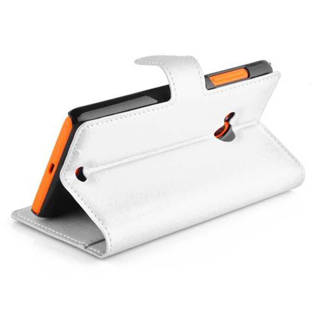 Una custodia bianca per tablet con accenti arancioni, aperta su un lato.