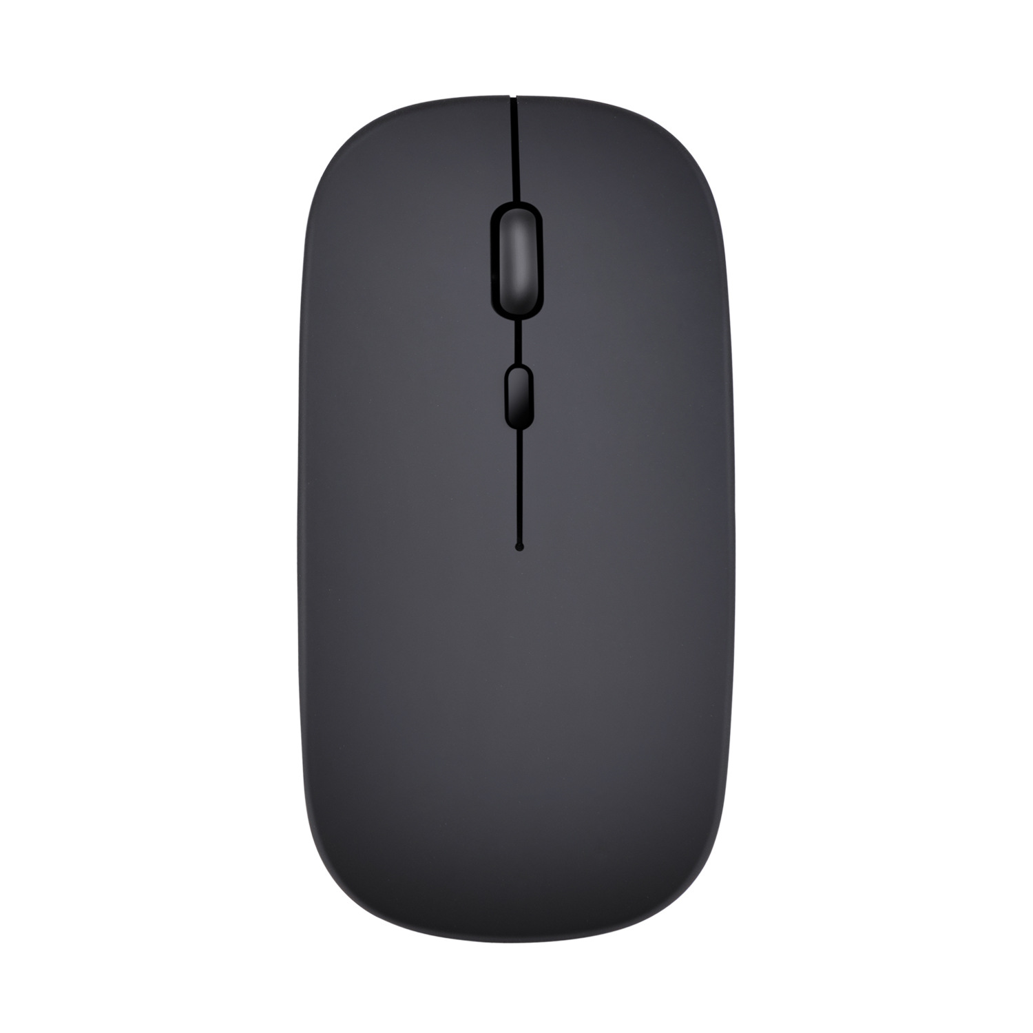 Eine dunkle, kabellose Computermaus mit einem Scrollrad und zwei Tasten.